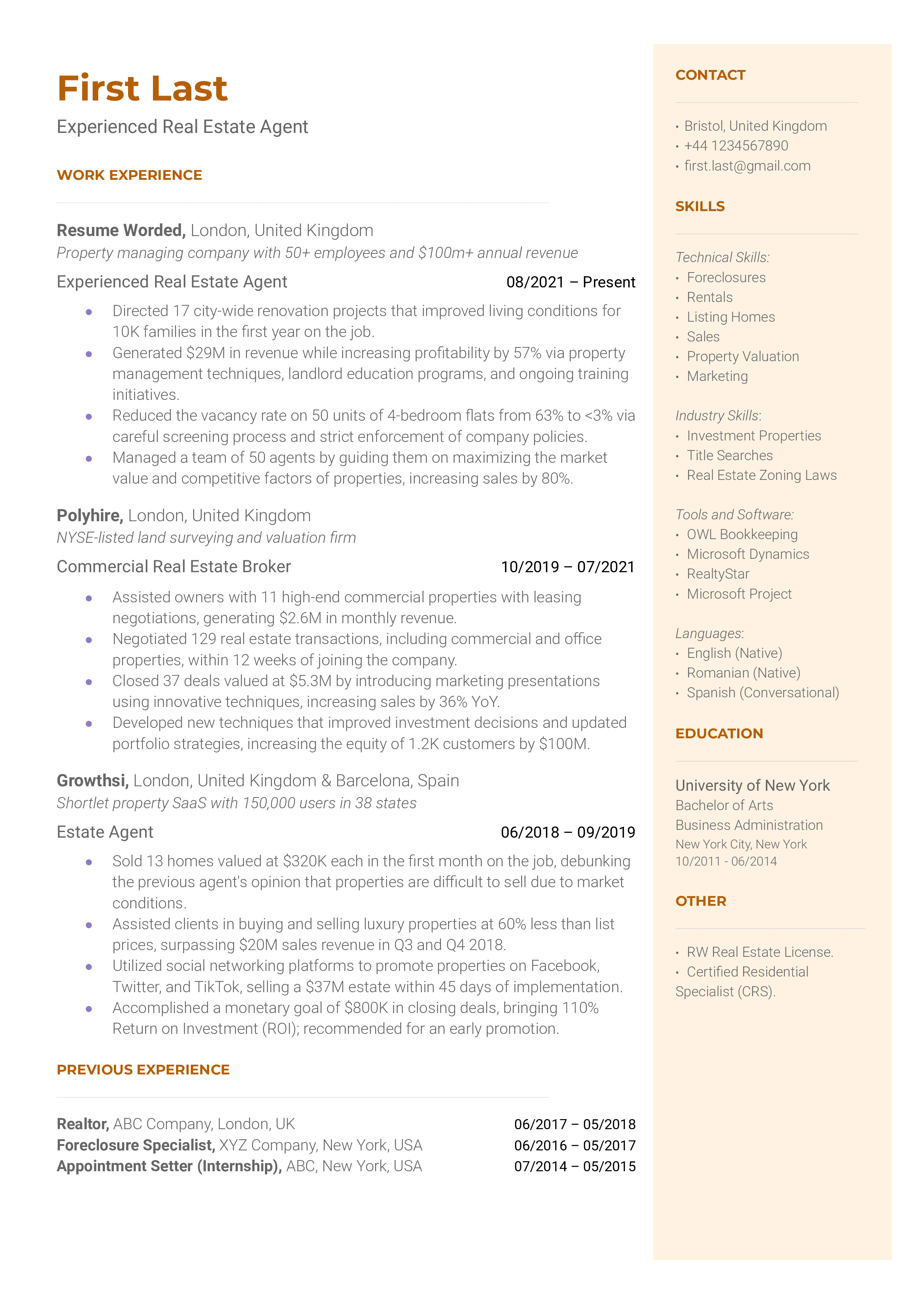 Experienced Real Estate Agent Resume Sample