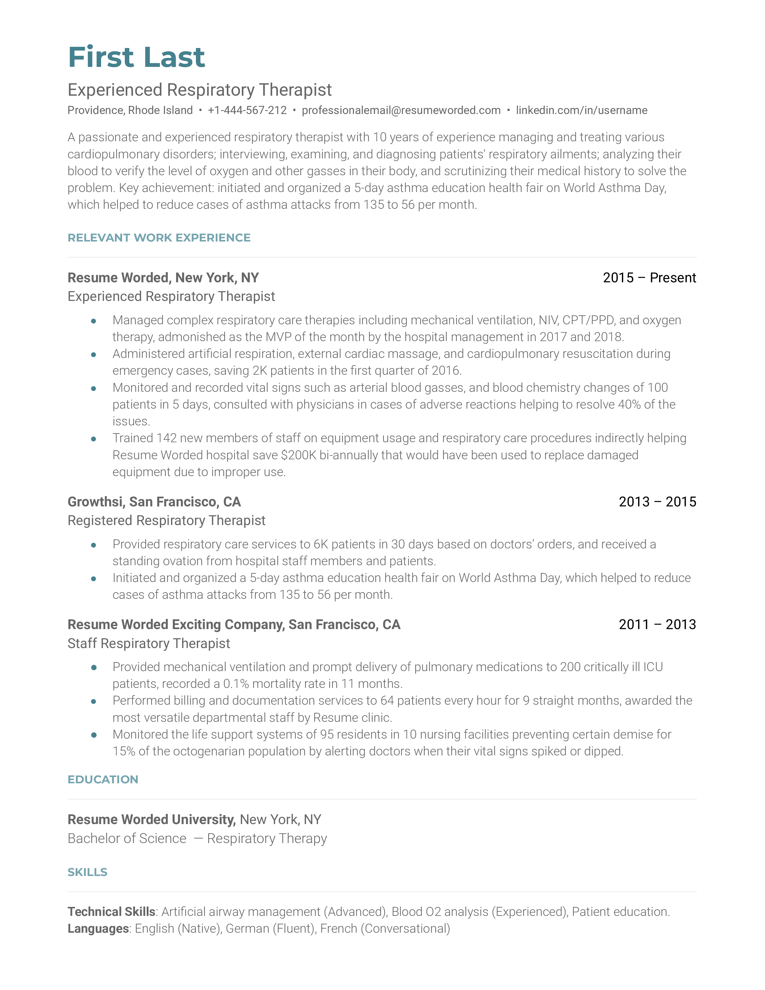 Experienced Respiratory Therapist Resume Sample