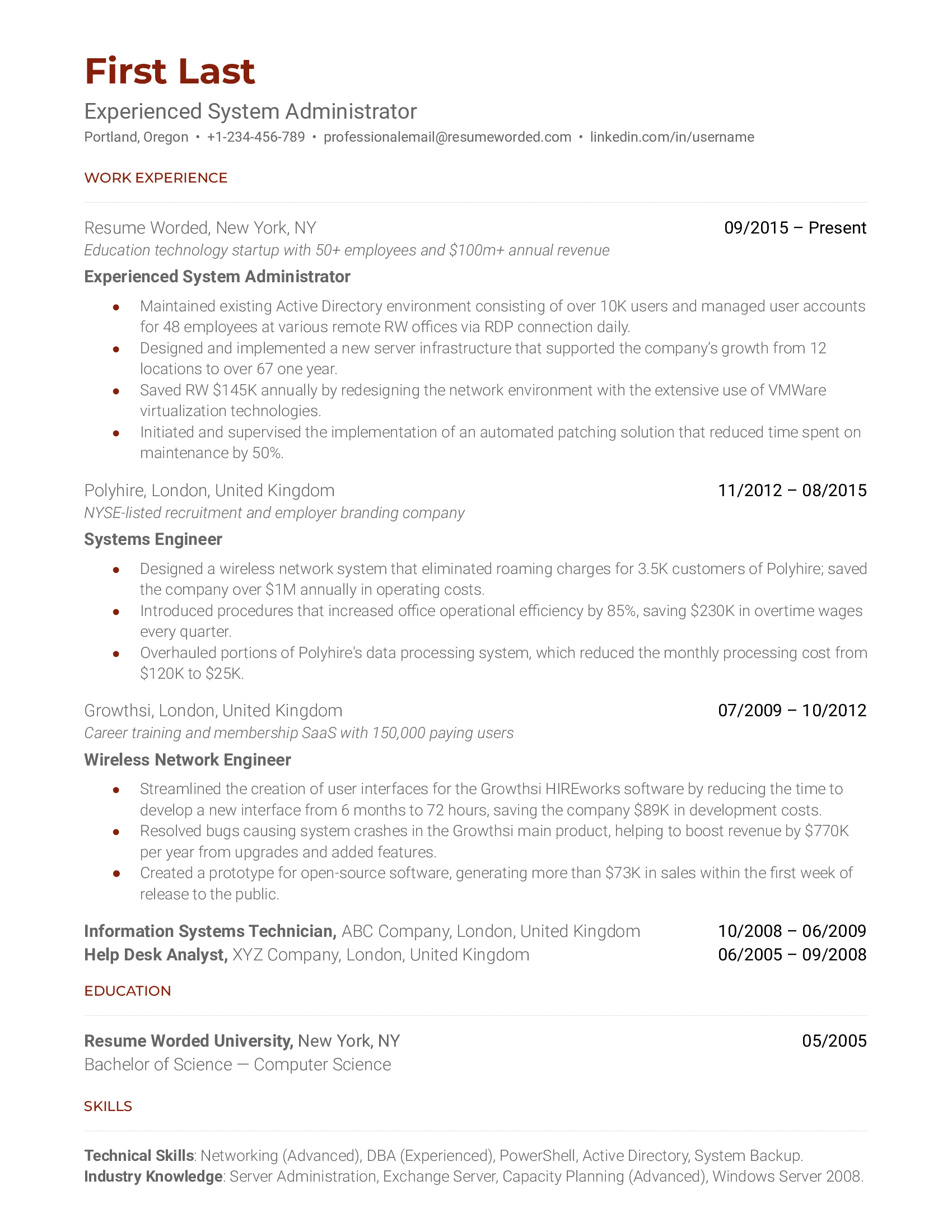 Experienced System Administrator Resume Sample