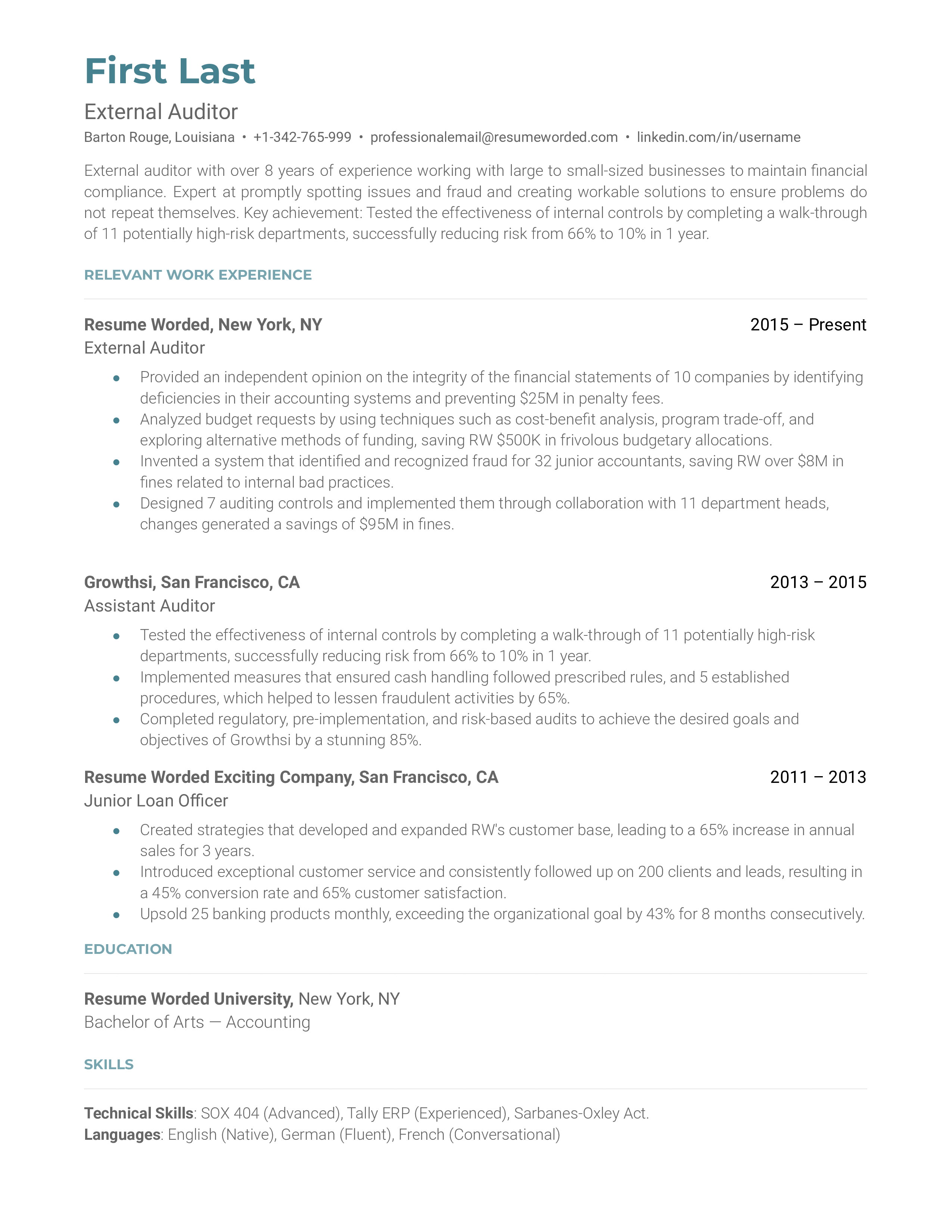 External auditor resume sample that highlights applicant's specialization and previous clients.