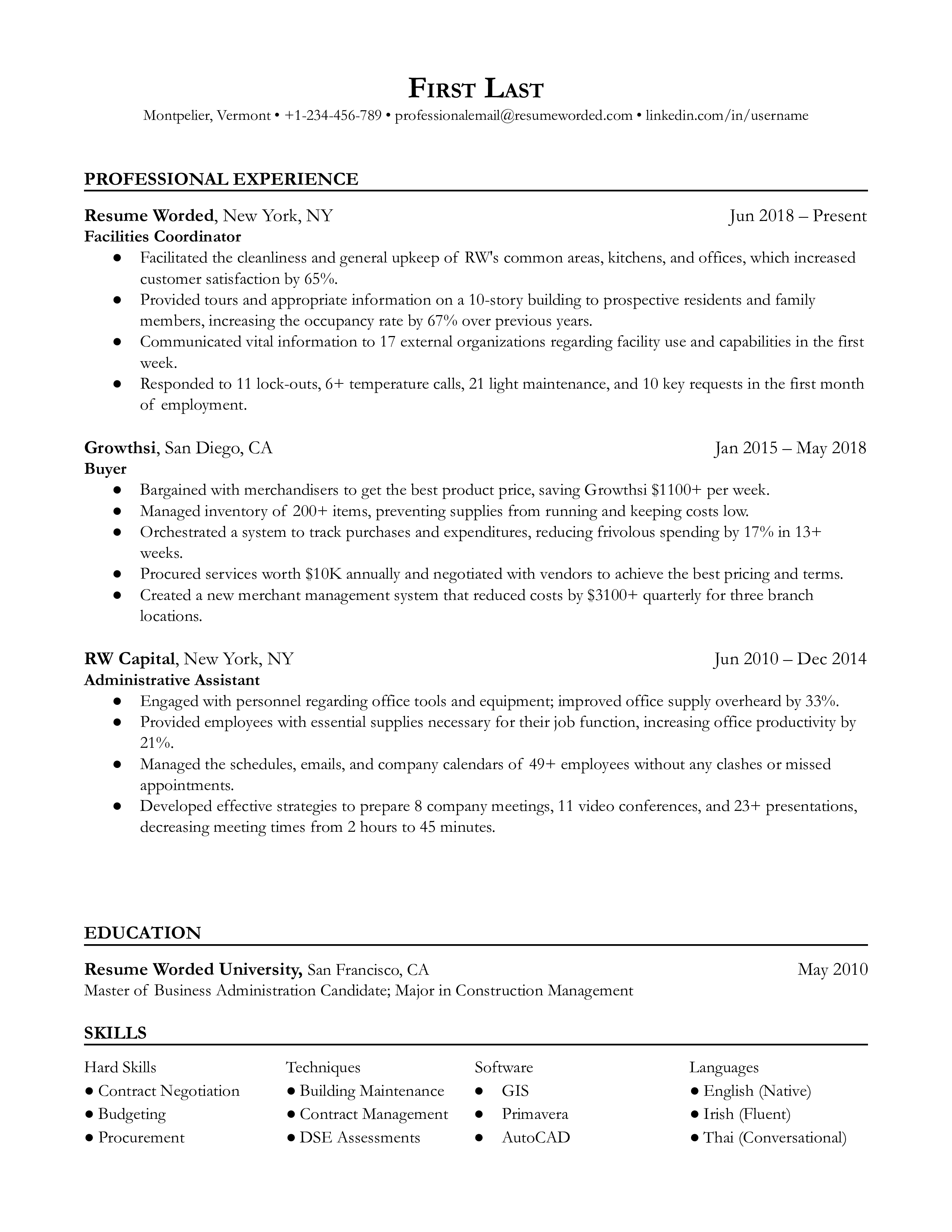 A facilities coordinator resume sample that highlights the applicant’s related experience and skill set.