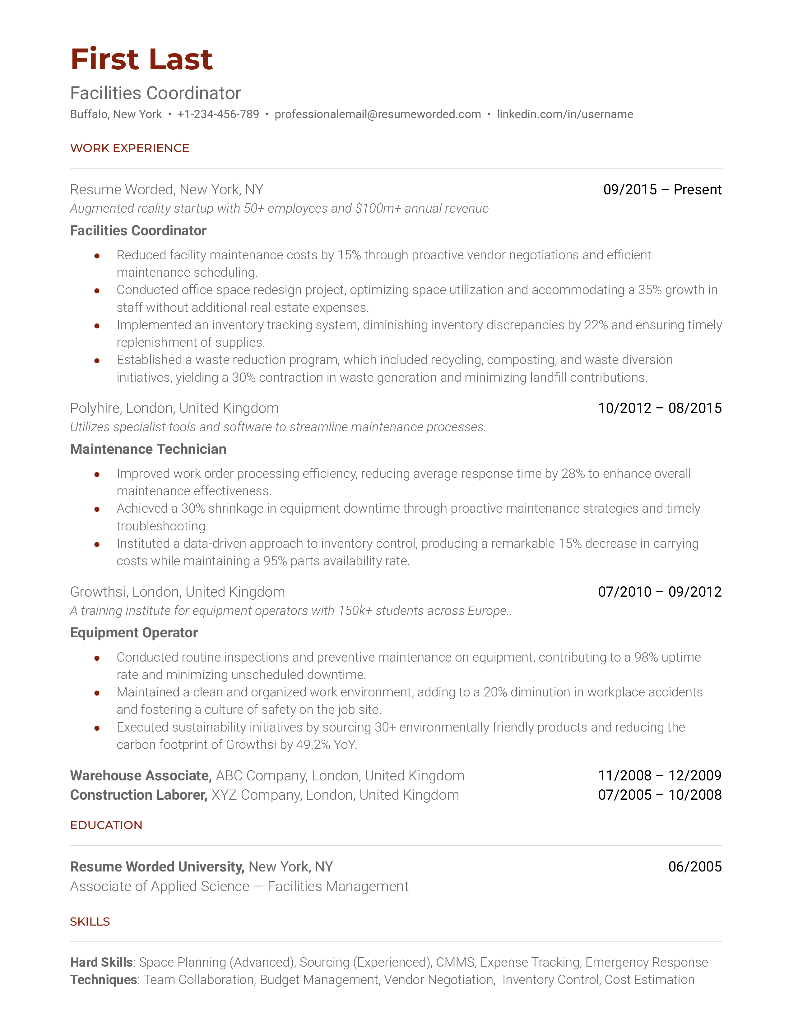Professional, well-organized resume for a Facilities Coordinator position.