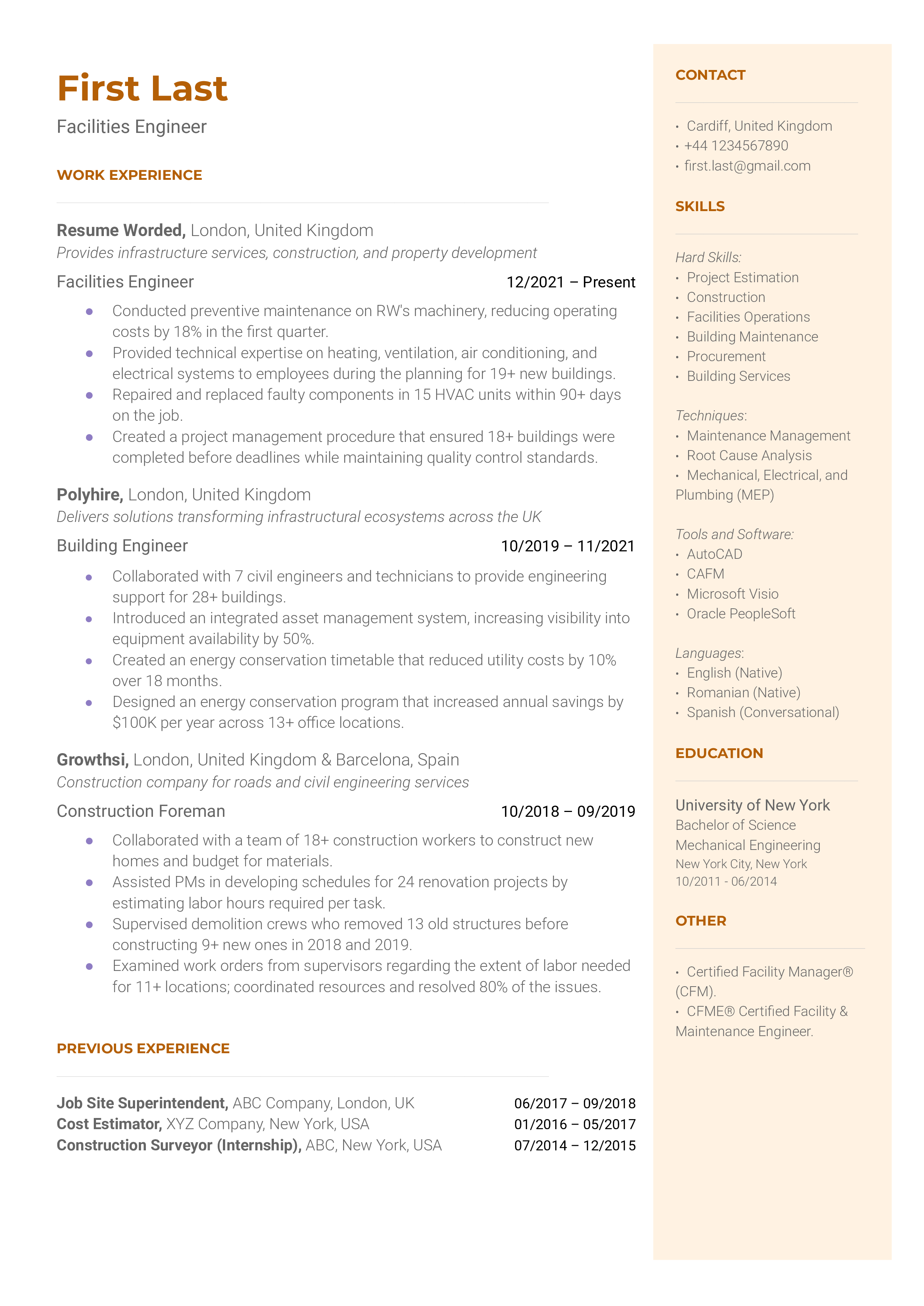 A facilities engineer resume sample that highlights the applicant’s career progression and engineering certifications.