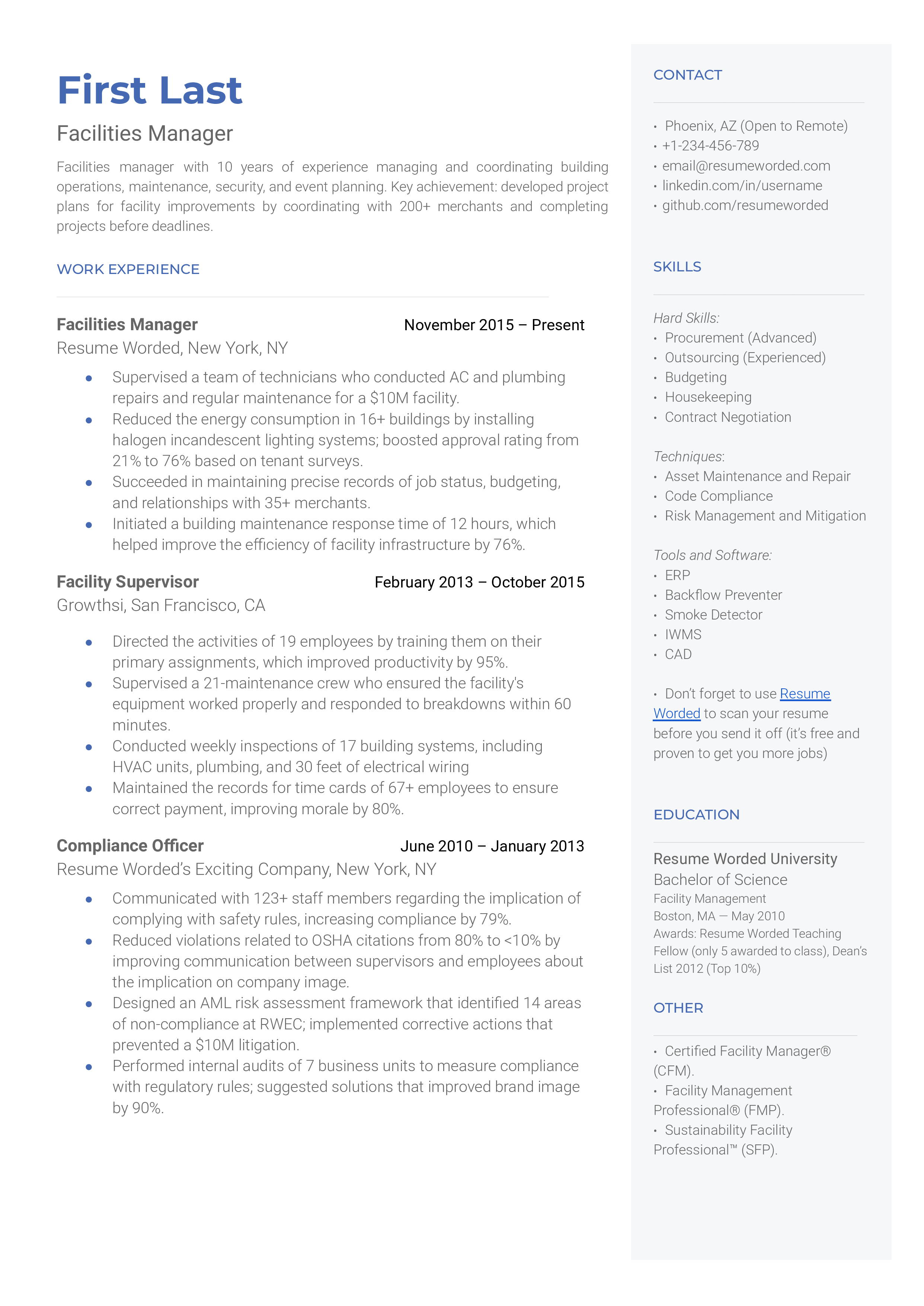 A facilities manager resume sample that highlights the applicant’s managerial capabilities and strong tools set.
