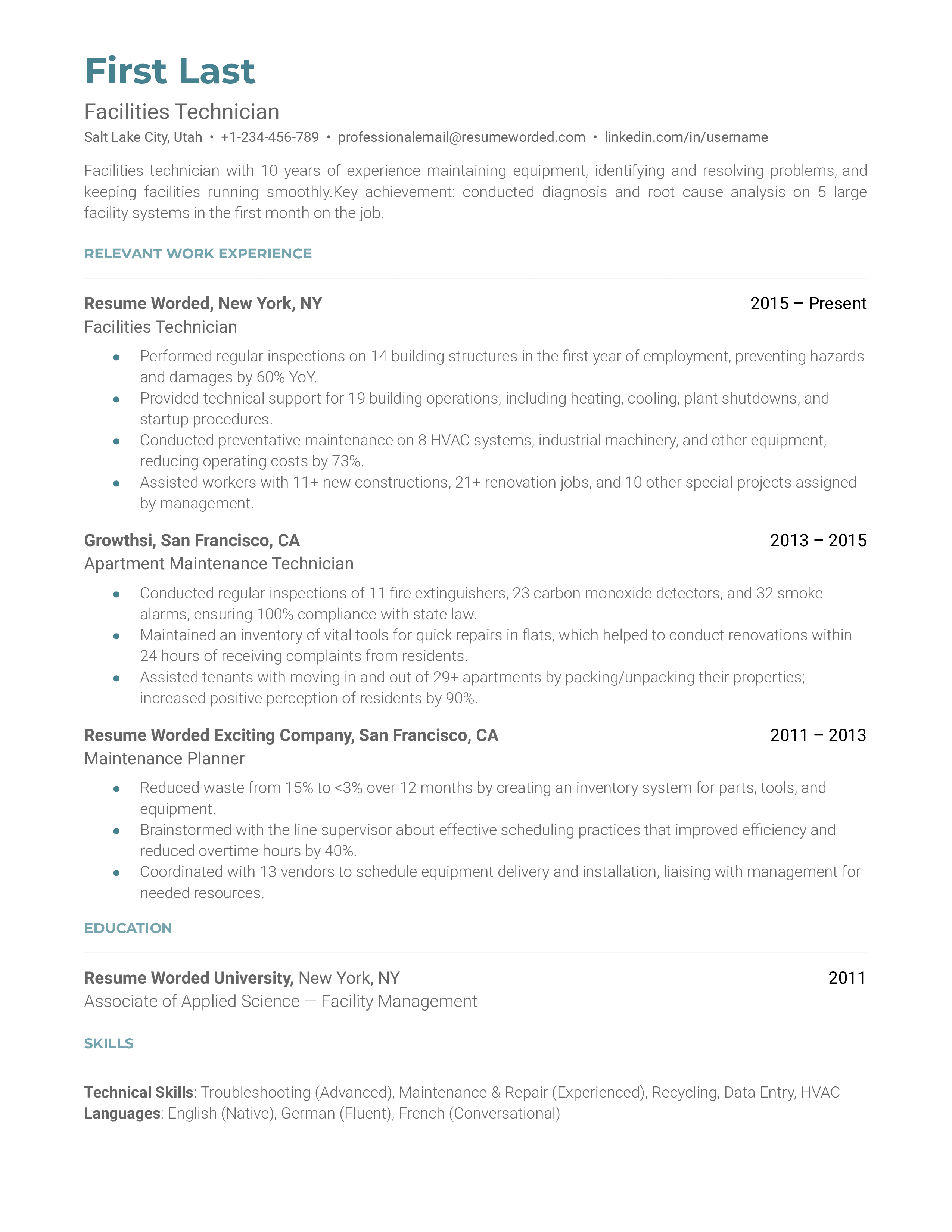  Facilities Technician Resume Sample