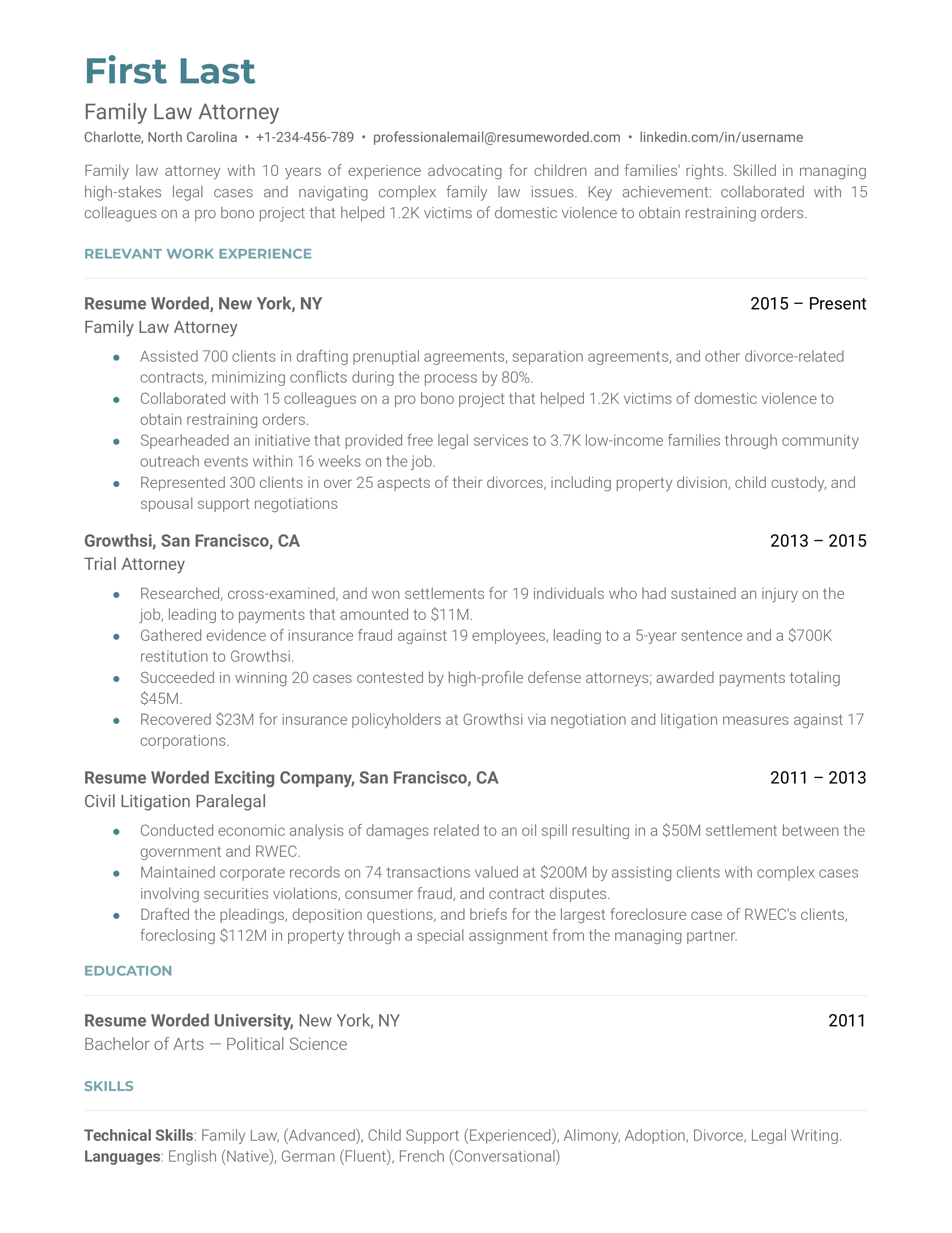 A family law attorney resume sample that highlights the applicant’s skill section and strong achievements.