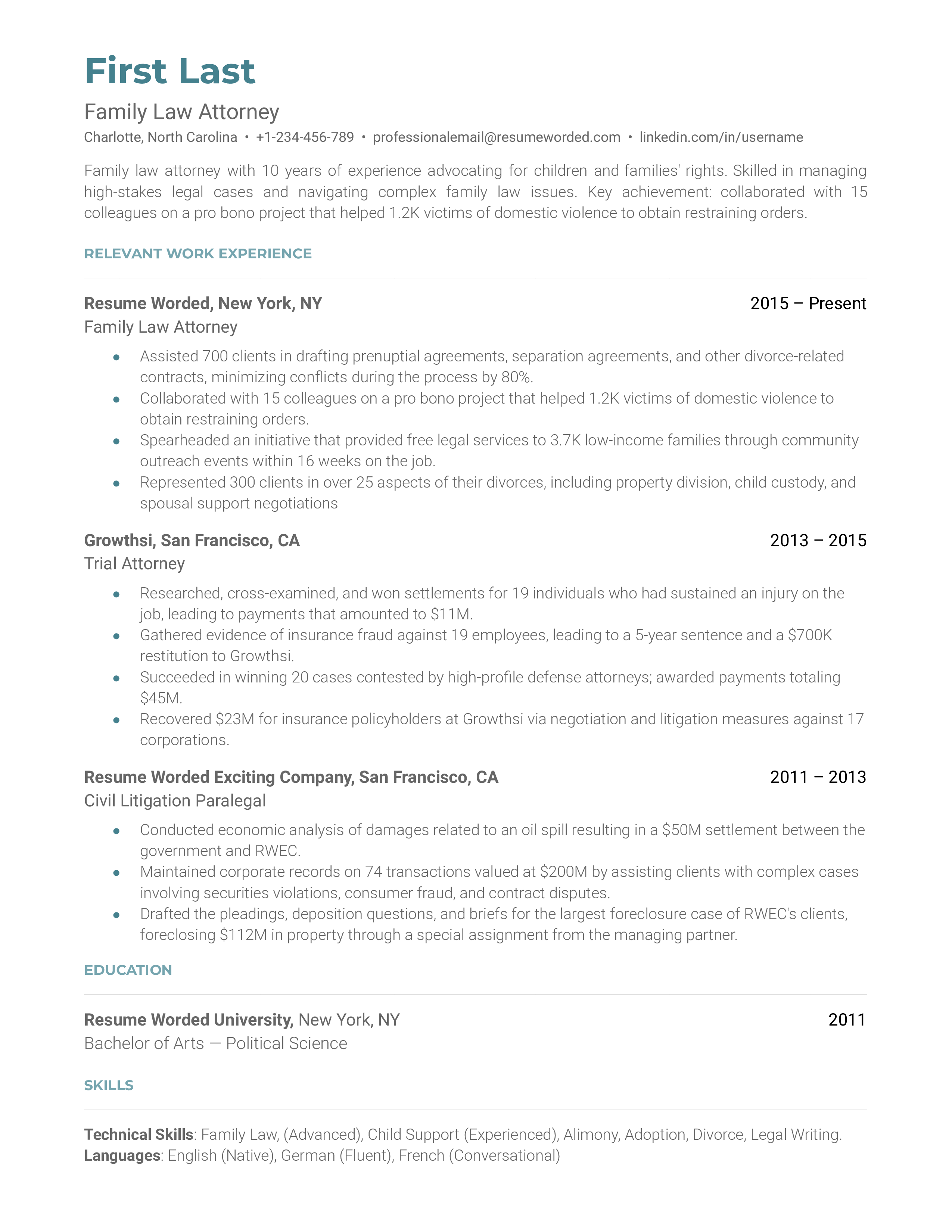 Family Law Attorney Resume Examples for 2024 | Resume Worded