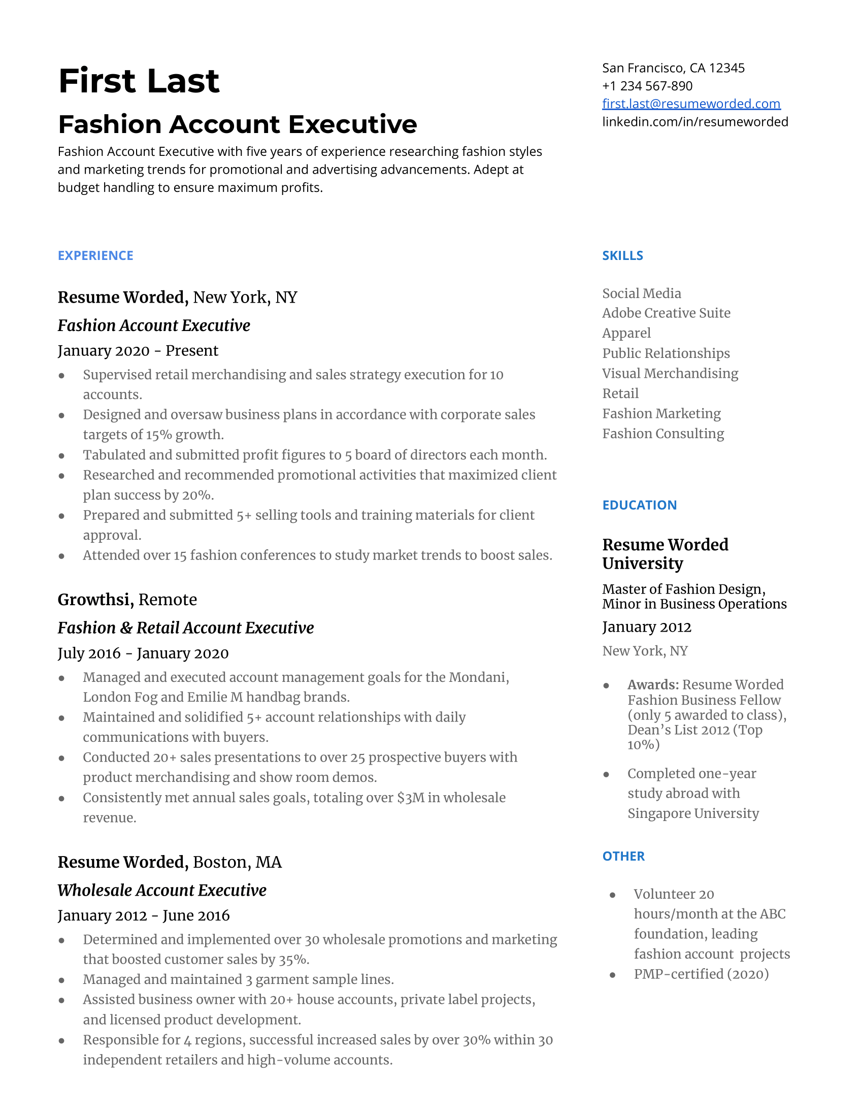 Fashion Account Executive Resume Sample