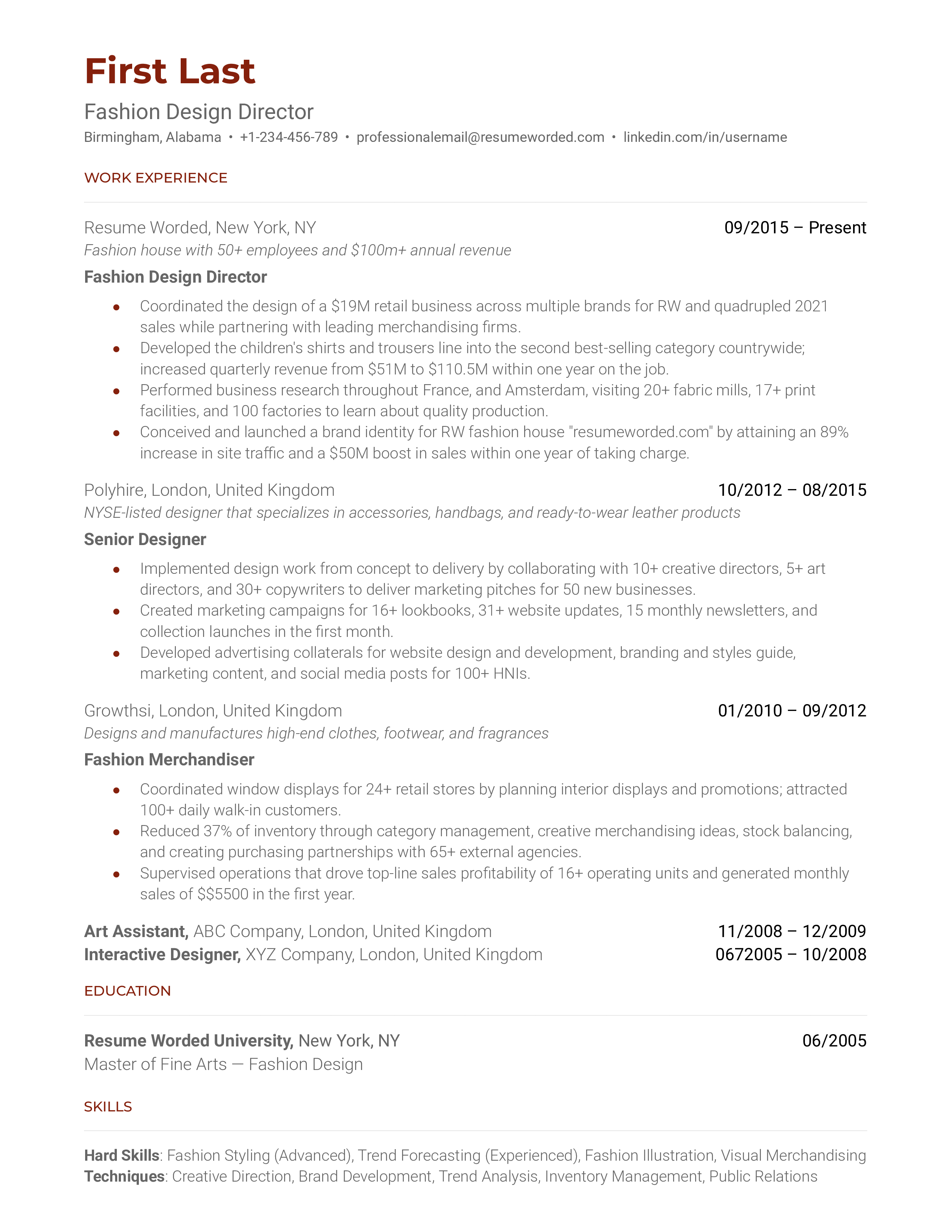 Fashion Design Director Resume Sample