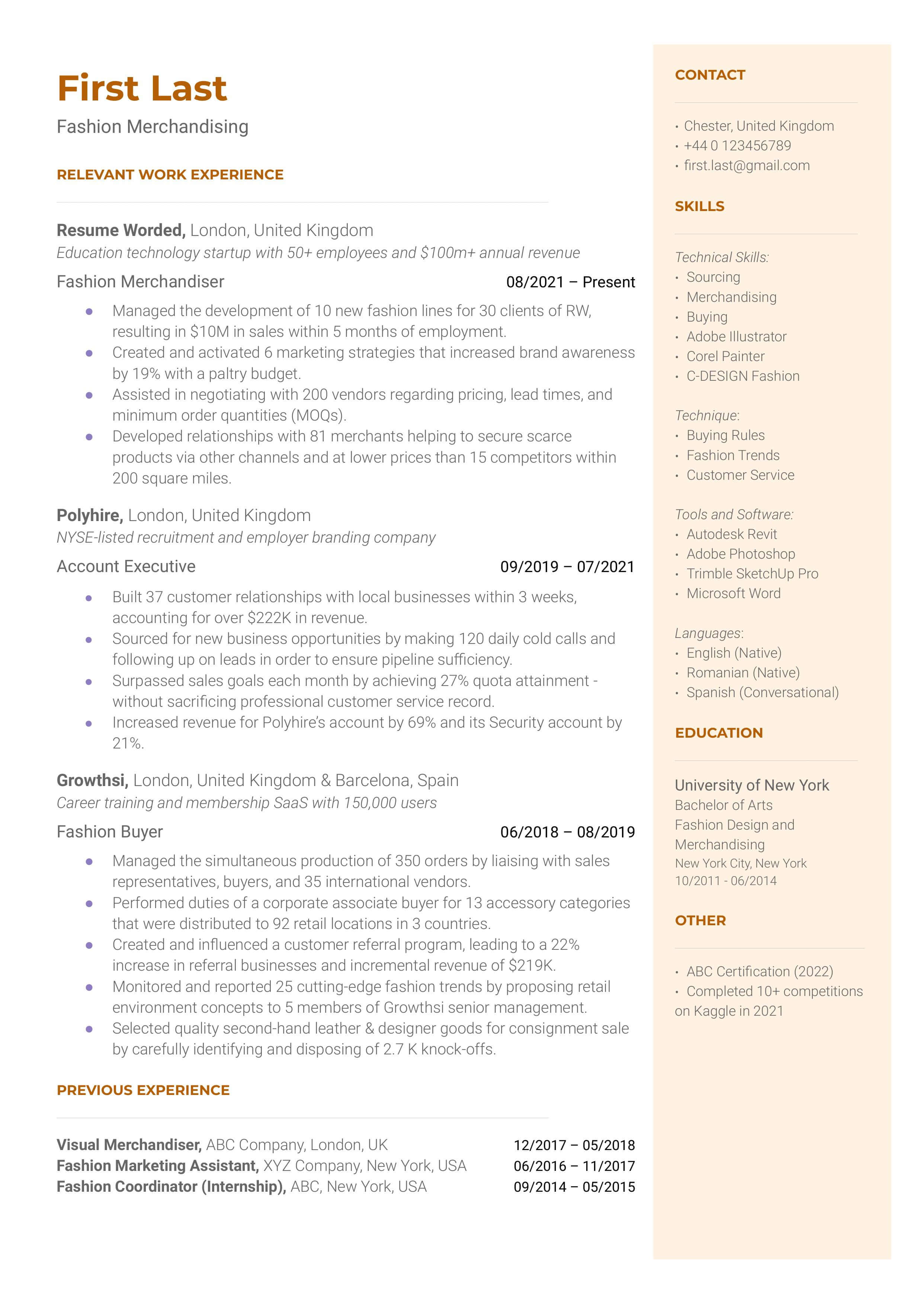 A CV example showcasing relevant skills and experiences for a Fashion Merchandising role.