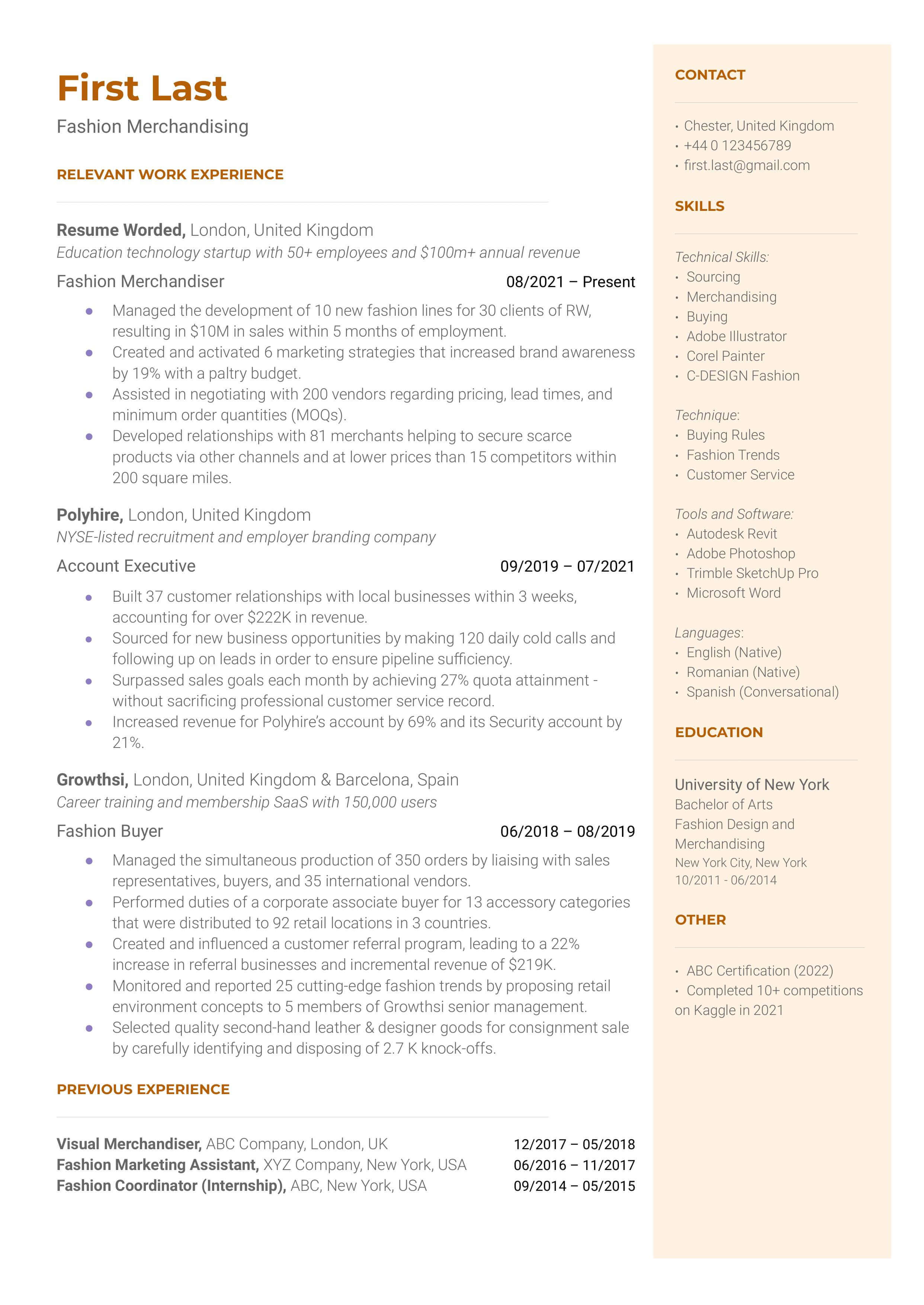 Fashion Merchandising  Resume Sample