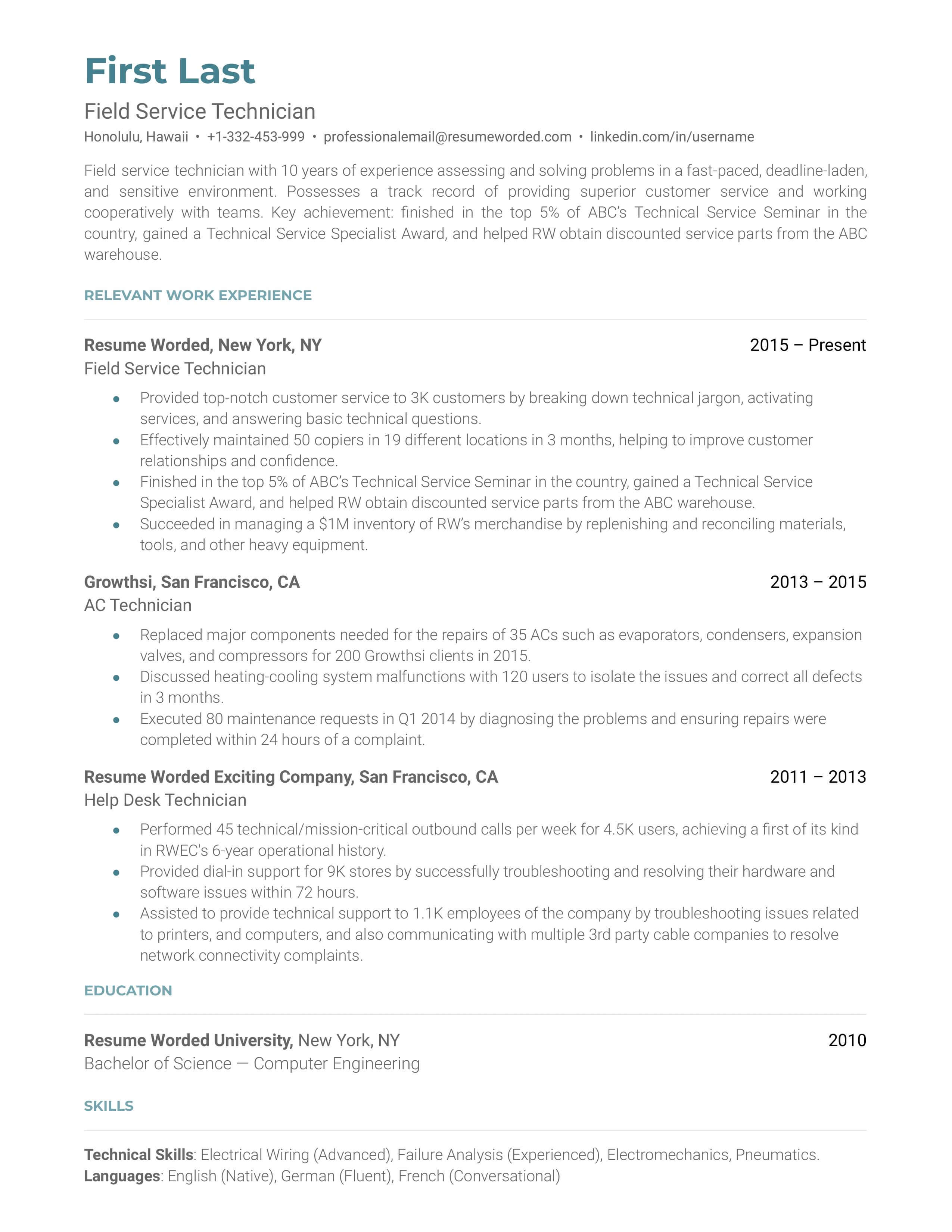 A Field Service Technician resume example highlighting robust educational background and professional experience.