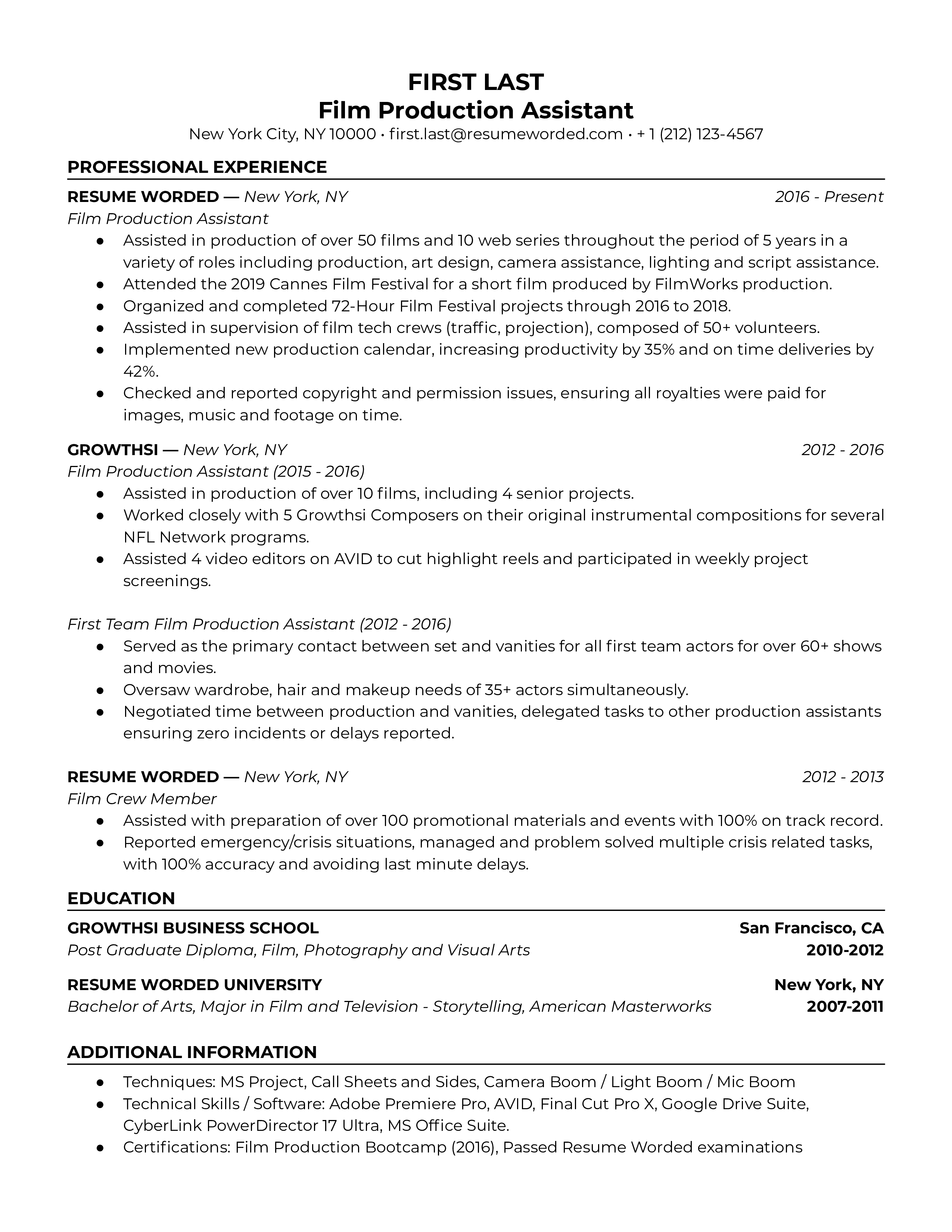 Film Production Assistant Resume Sample