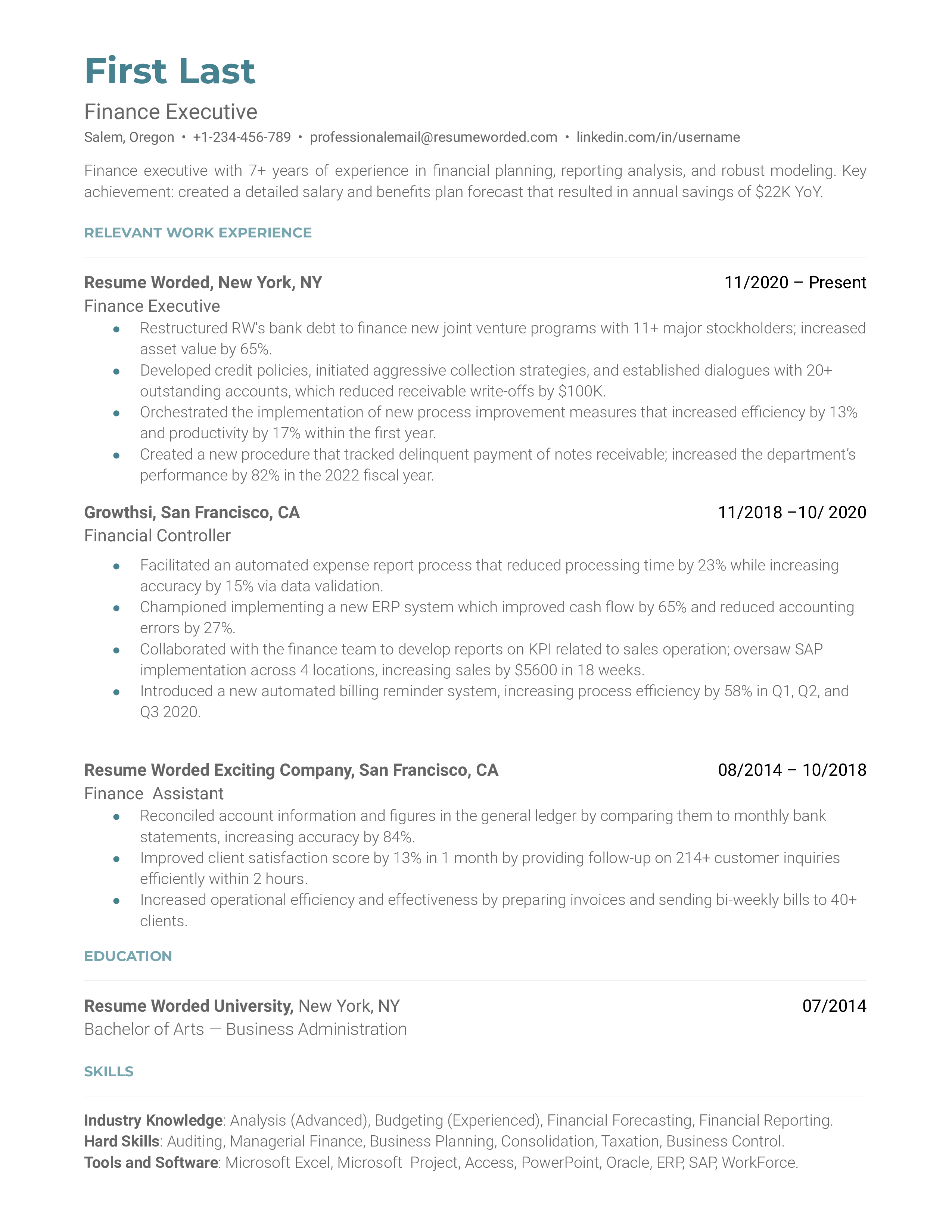 A well-crafted CV for a finance executive role.