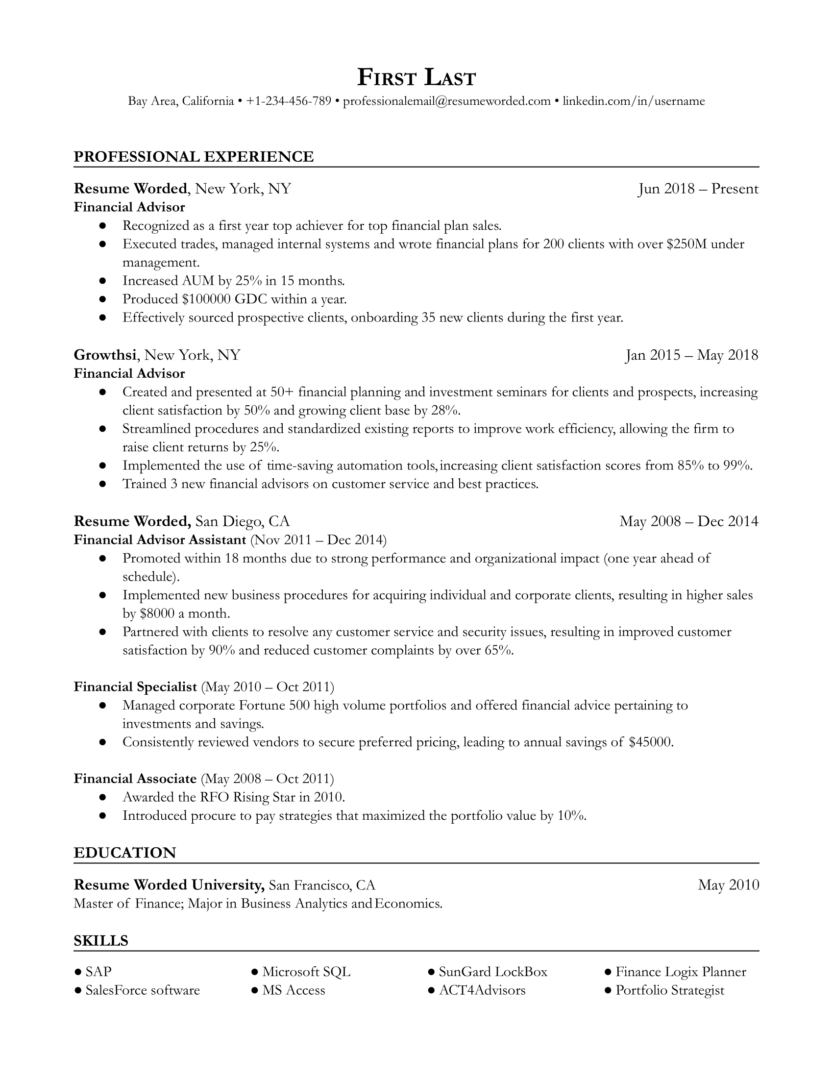 Financial Advisor Resume Sample