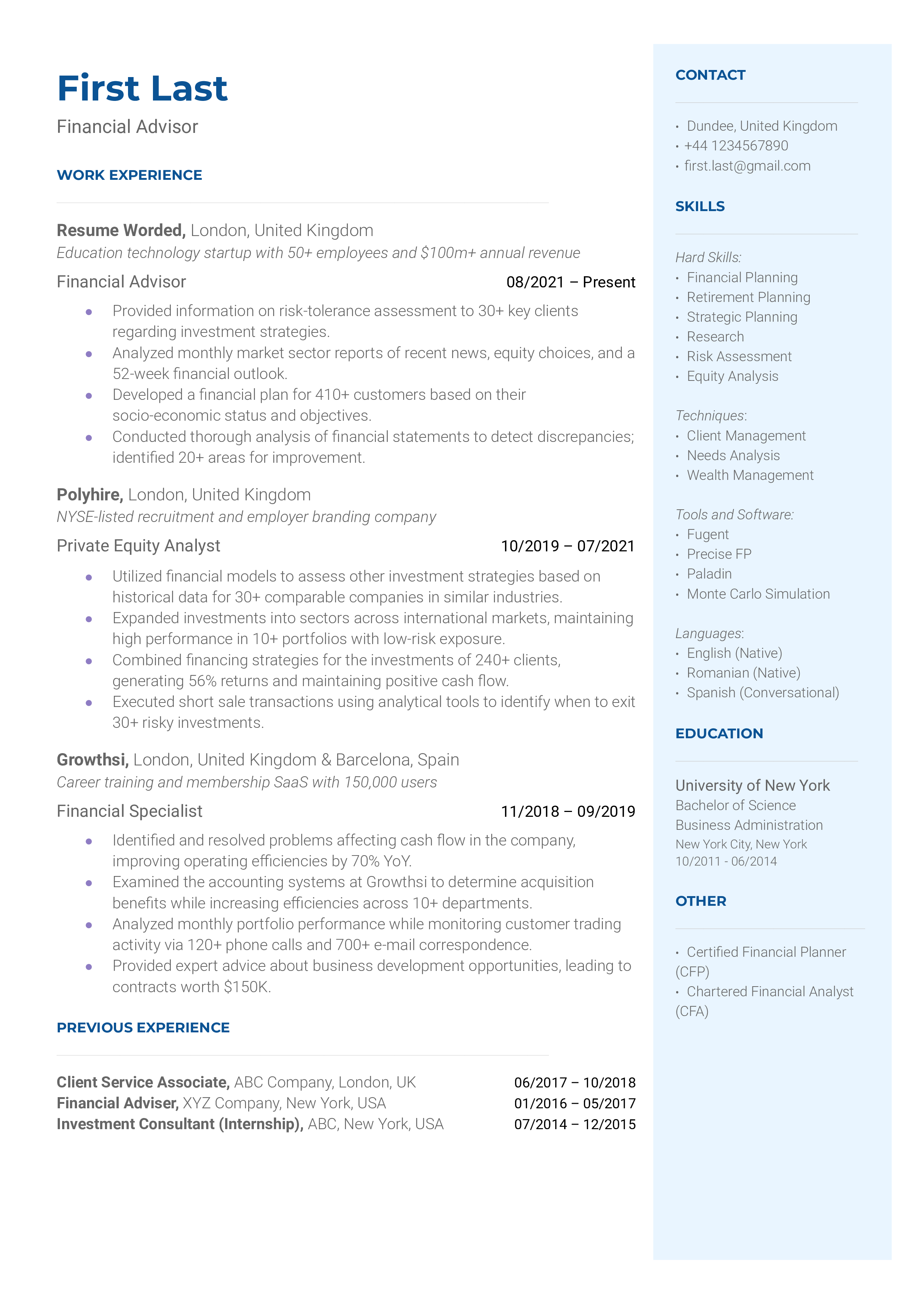 A well-structured CV showing the problem-solving and technical skills of a Financial Advisor.