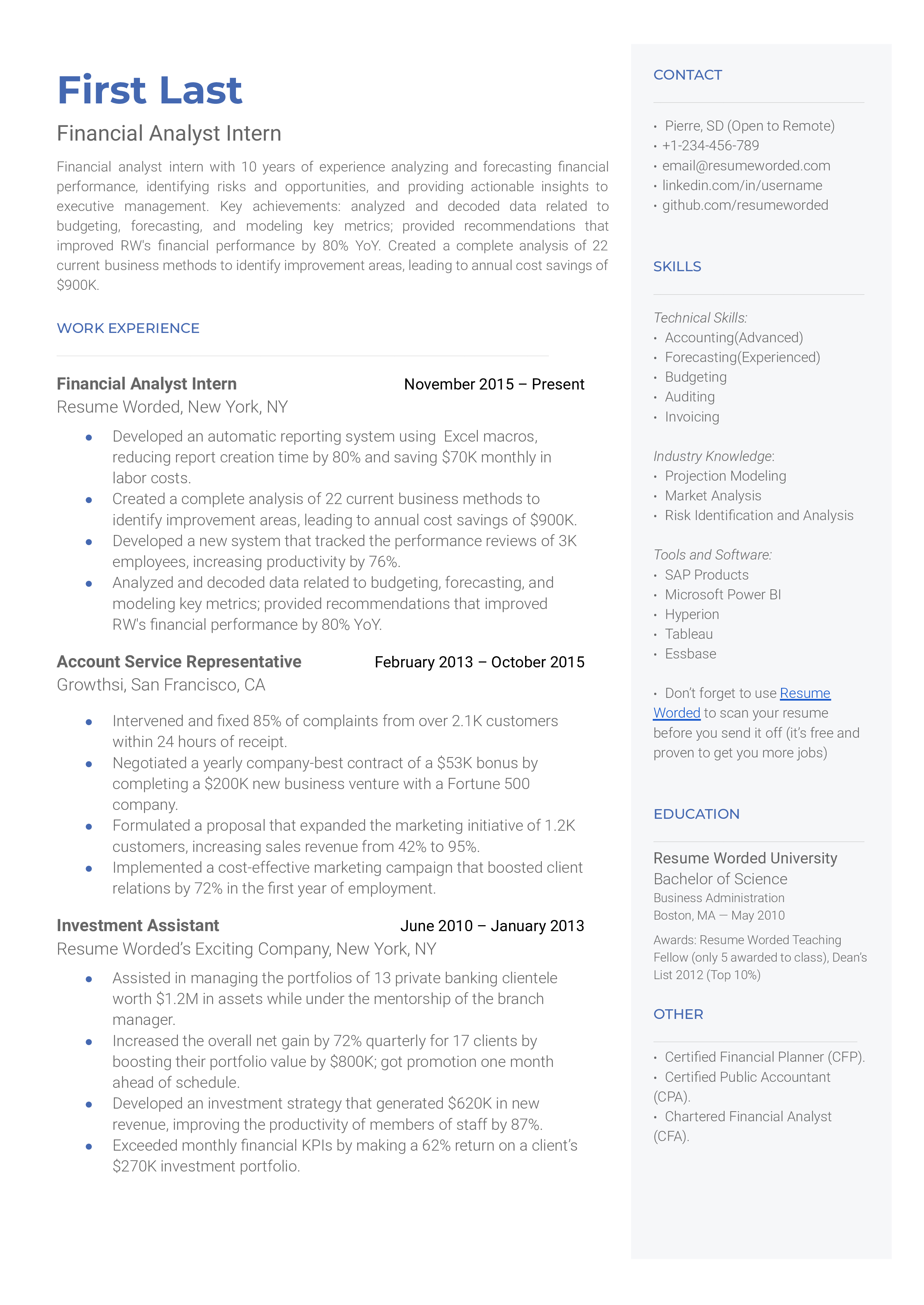 An example of a CV for a Financial Analyst Intern role.