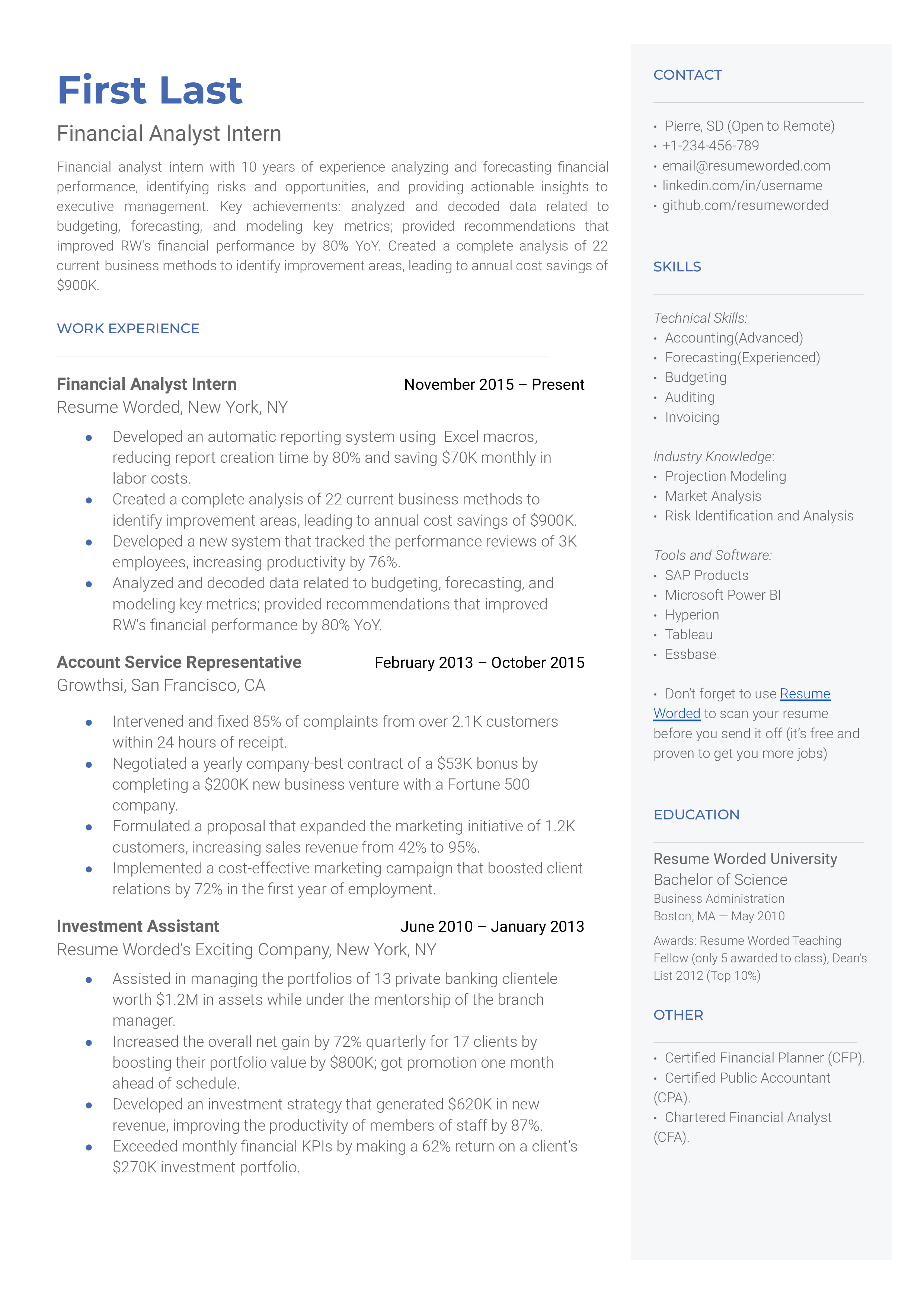 Financial Analyst Intern Resume Examples for 2024 | Resume Worded