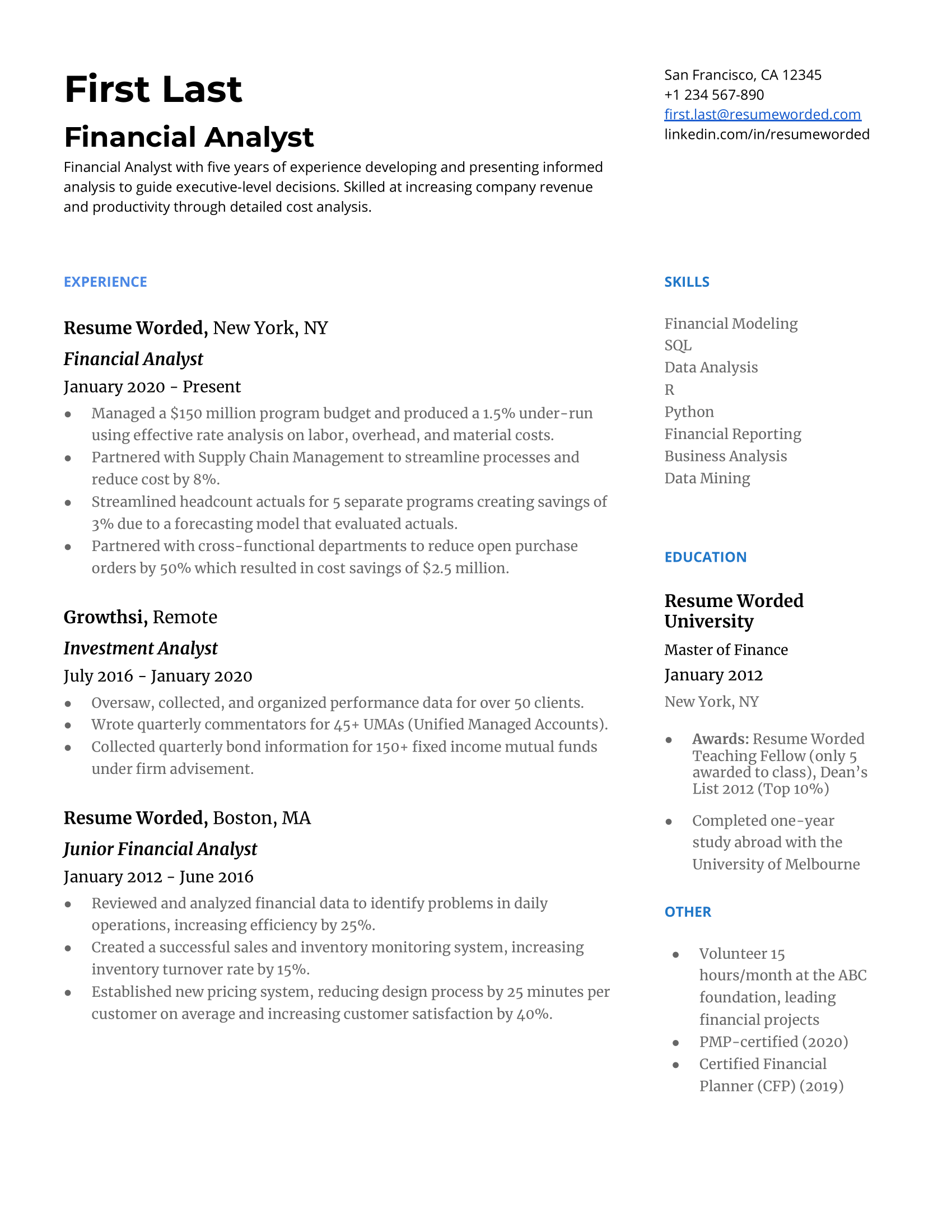 A resume for a financial analyst with a master's degree in finance and experience as an investment analyst.