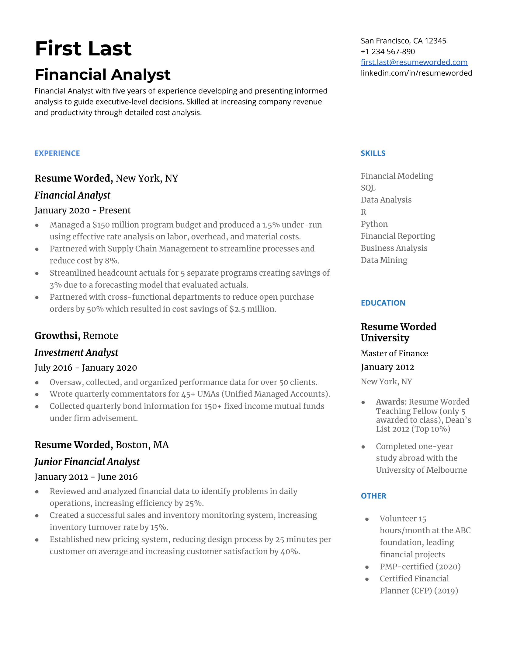 15 Financial Analyst Resume Examples for 2024 | Resume Worded