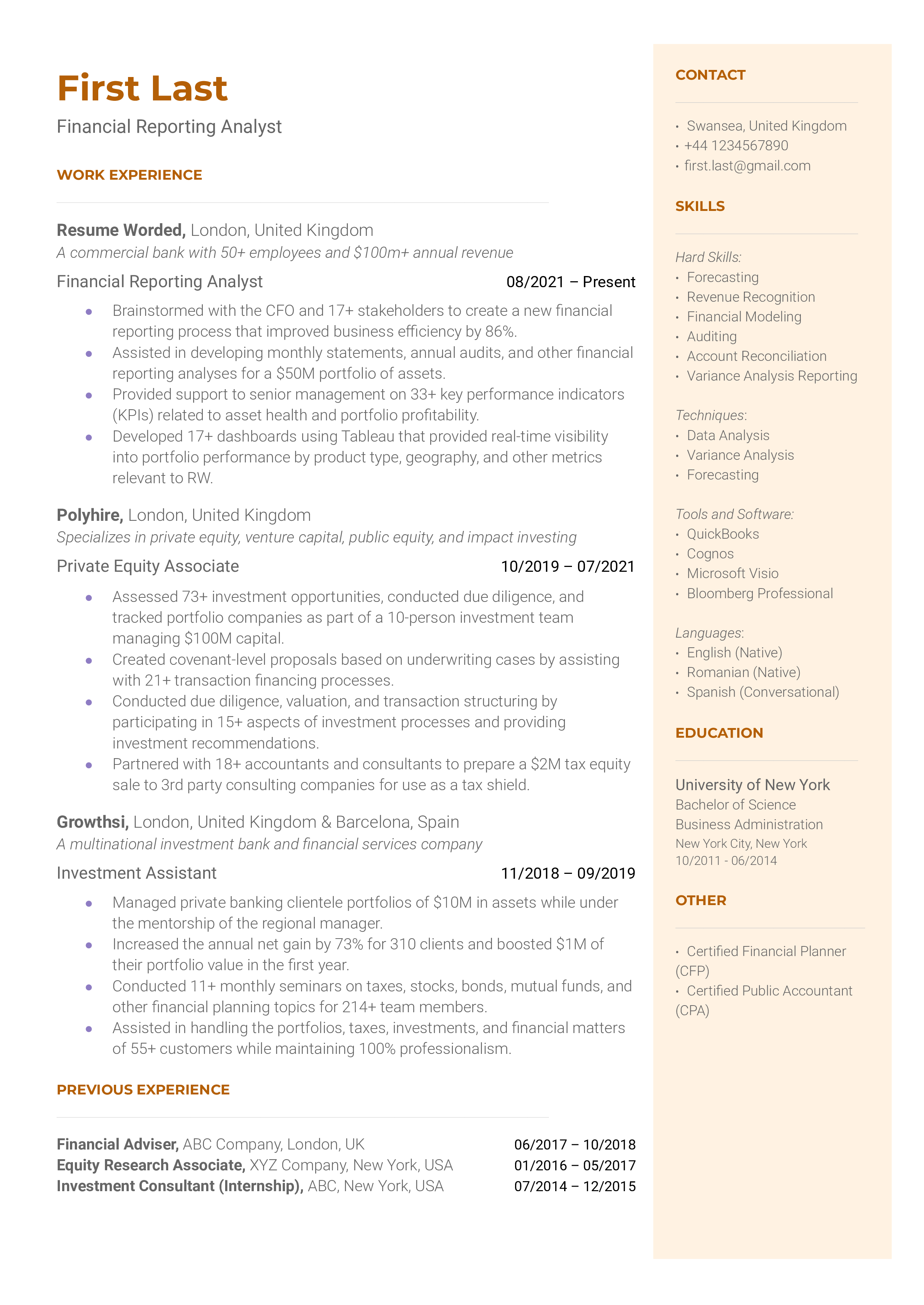 A financial reporting analyst resume template including a wide variety of hard skills 