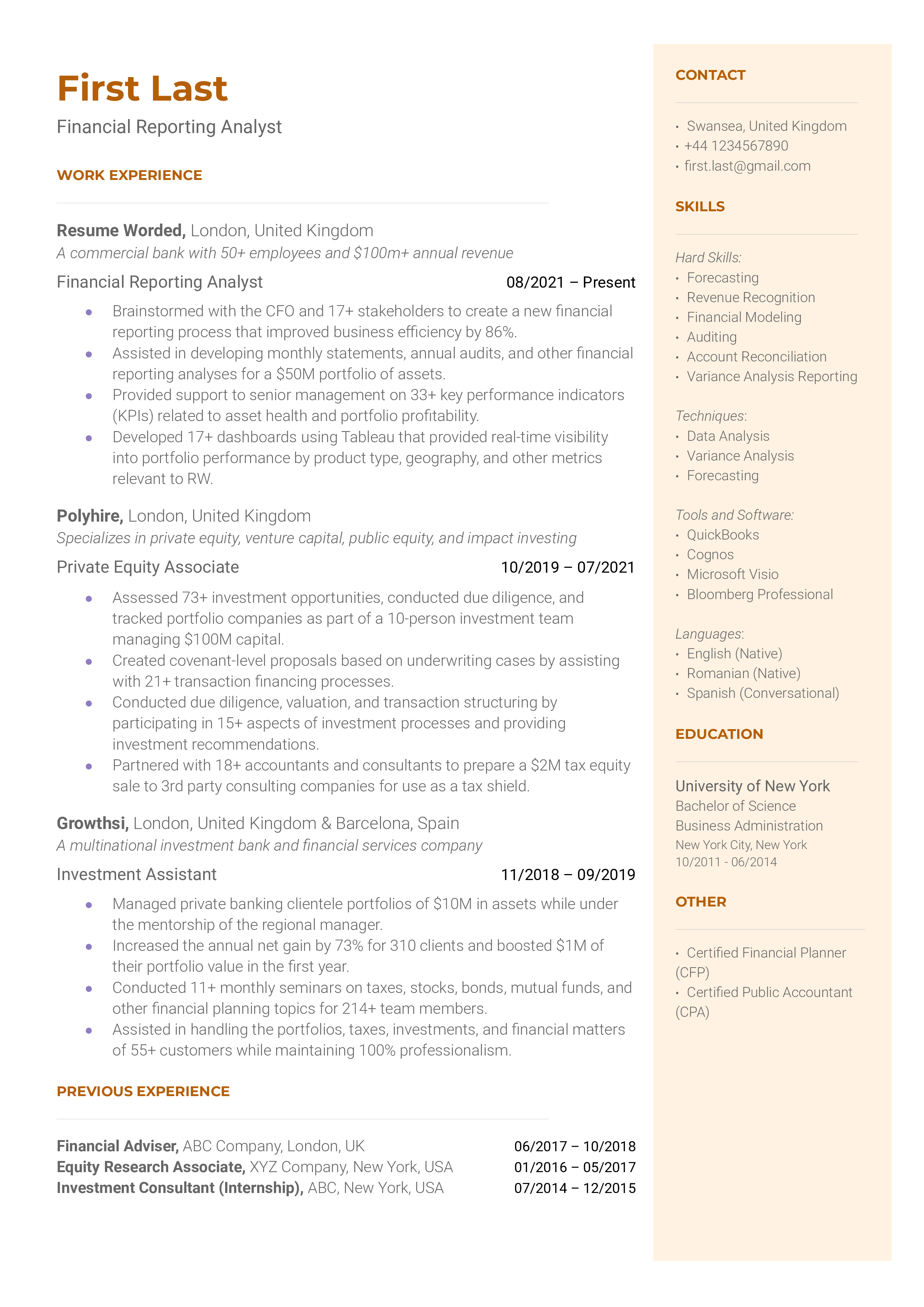 financial analyst ats resume template download free