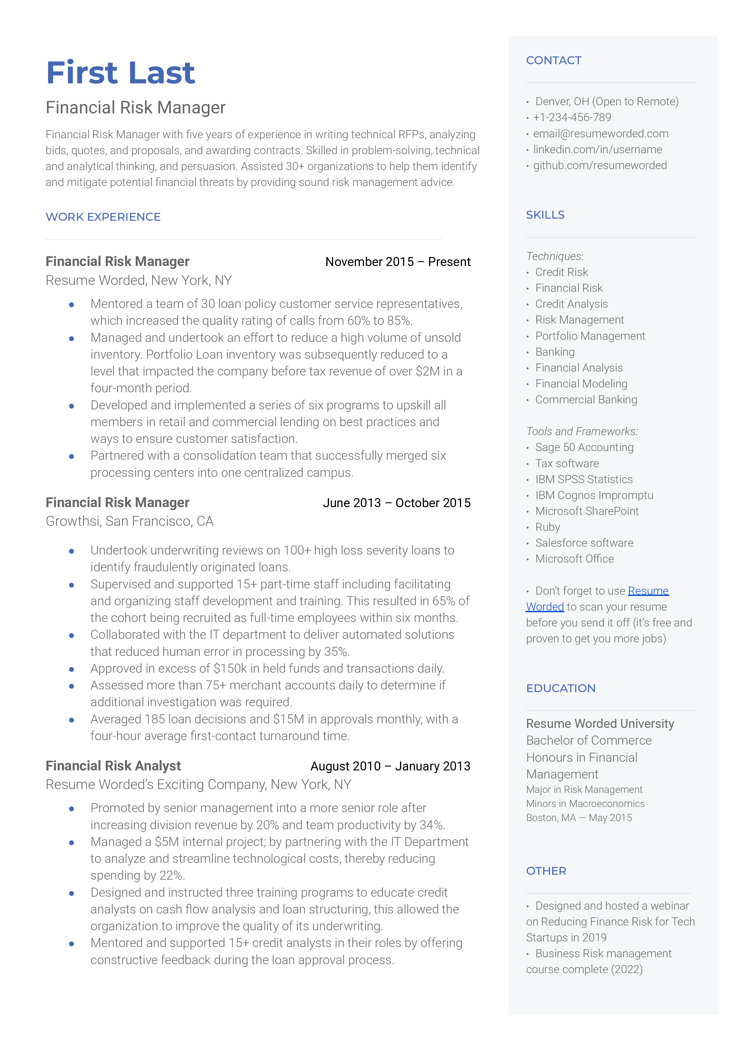 Financial Risk Manager Resume Template + Example