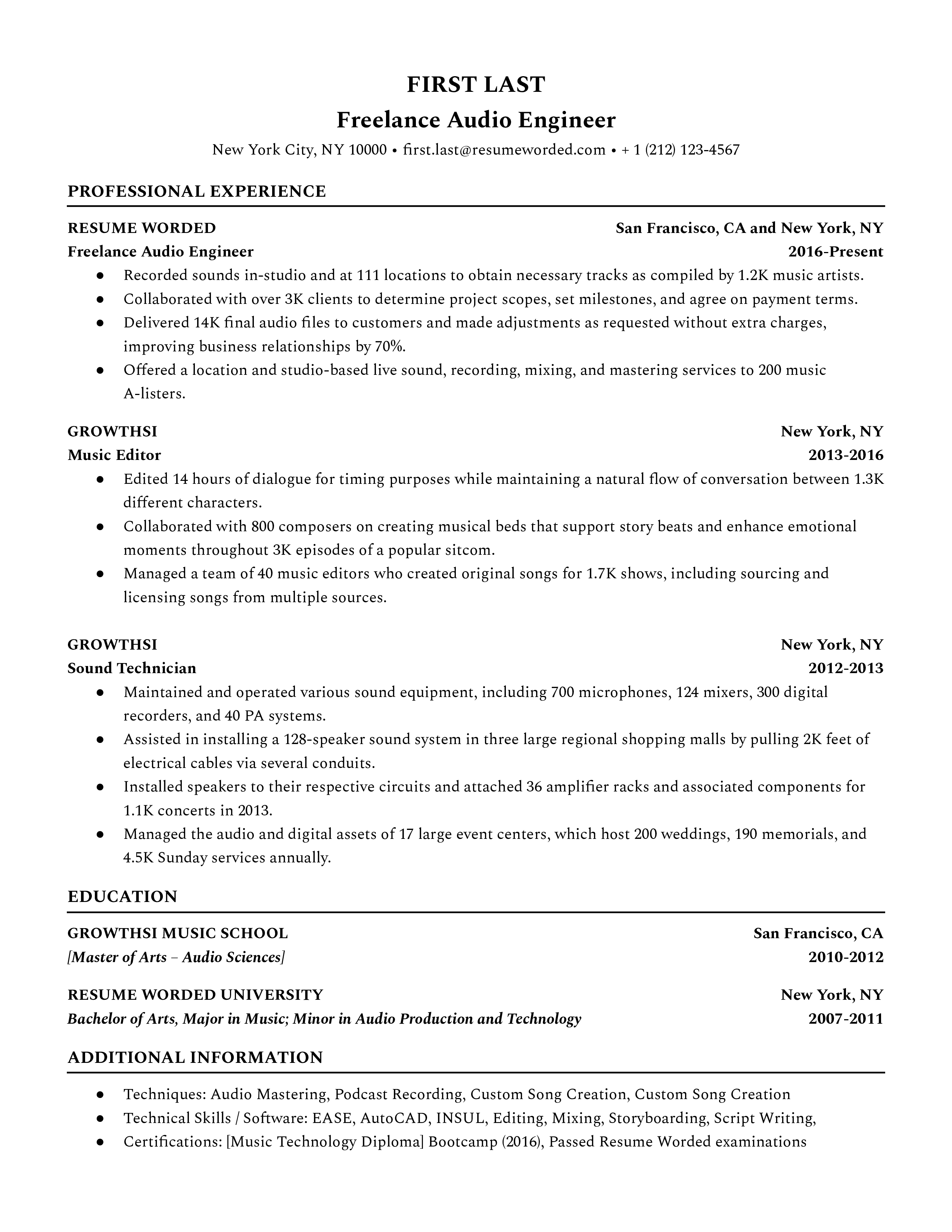 A comprehensive and well-structured CV for a Freelance Audio Engineer position.