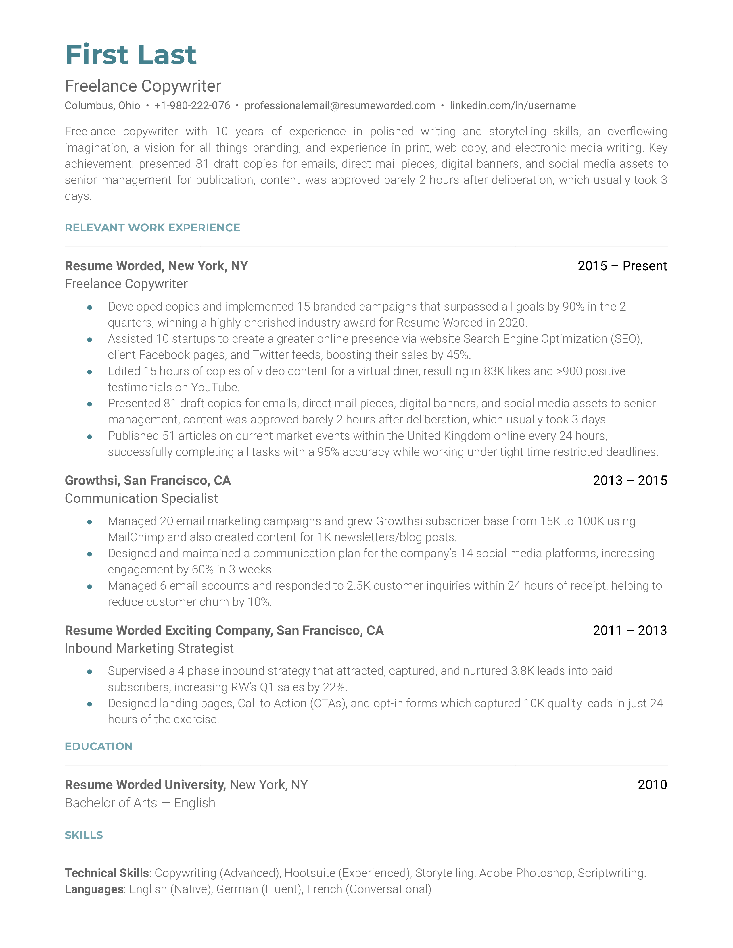 Freelance copywriter resume sample that highlights a freelancer's experience and work success.