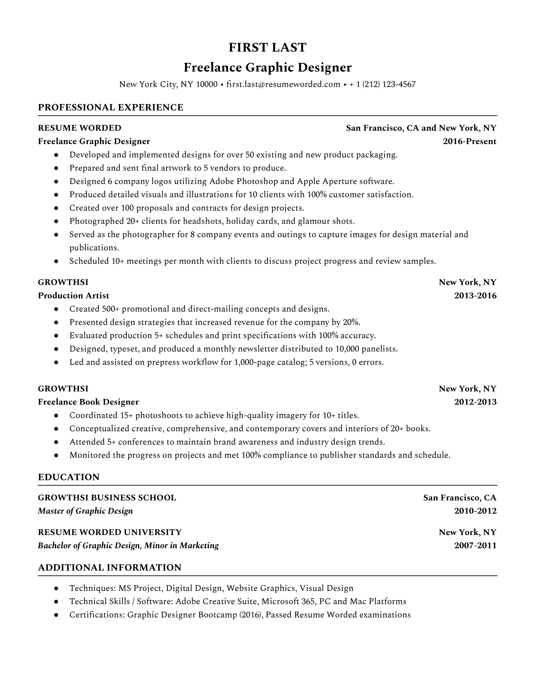 Freelance graphic designer resume template example with work experience listed by specific project