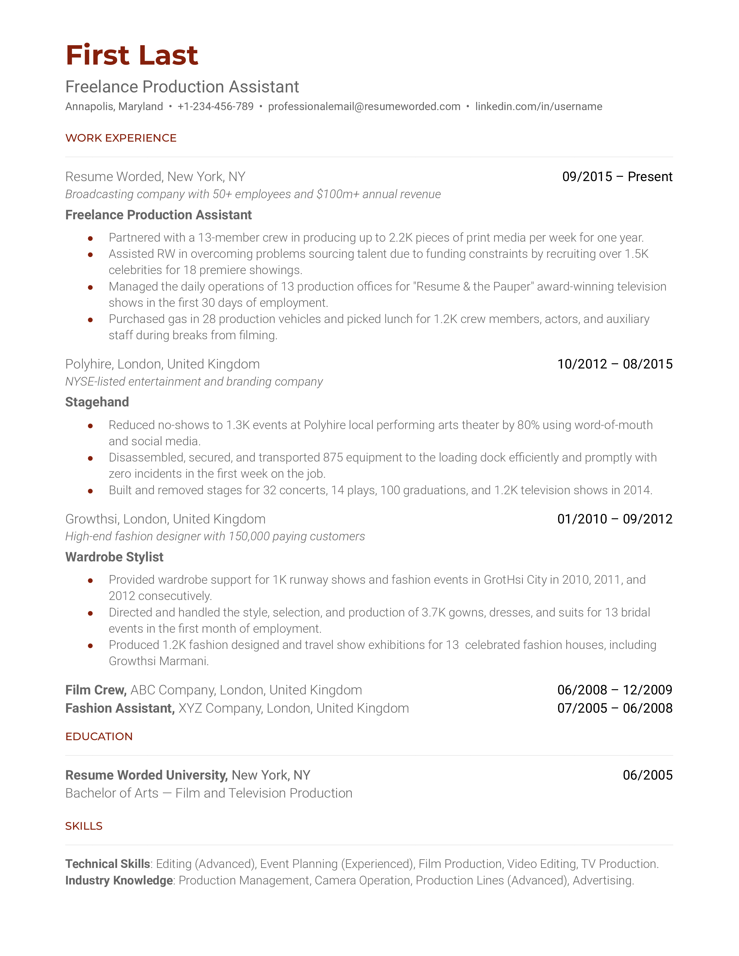 A resume for a freelance production assistant with a bachelors degree in film and experience as a stagehand and wardrobe stylist.