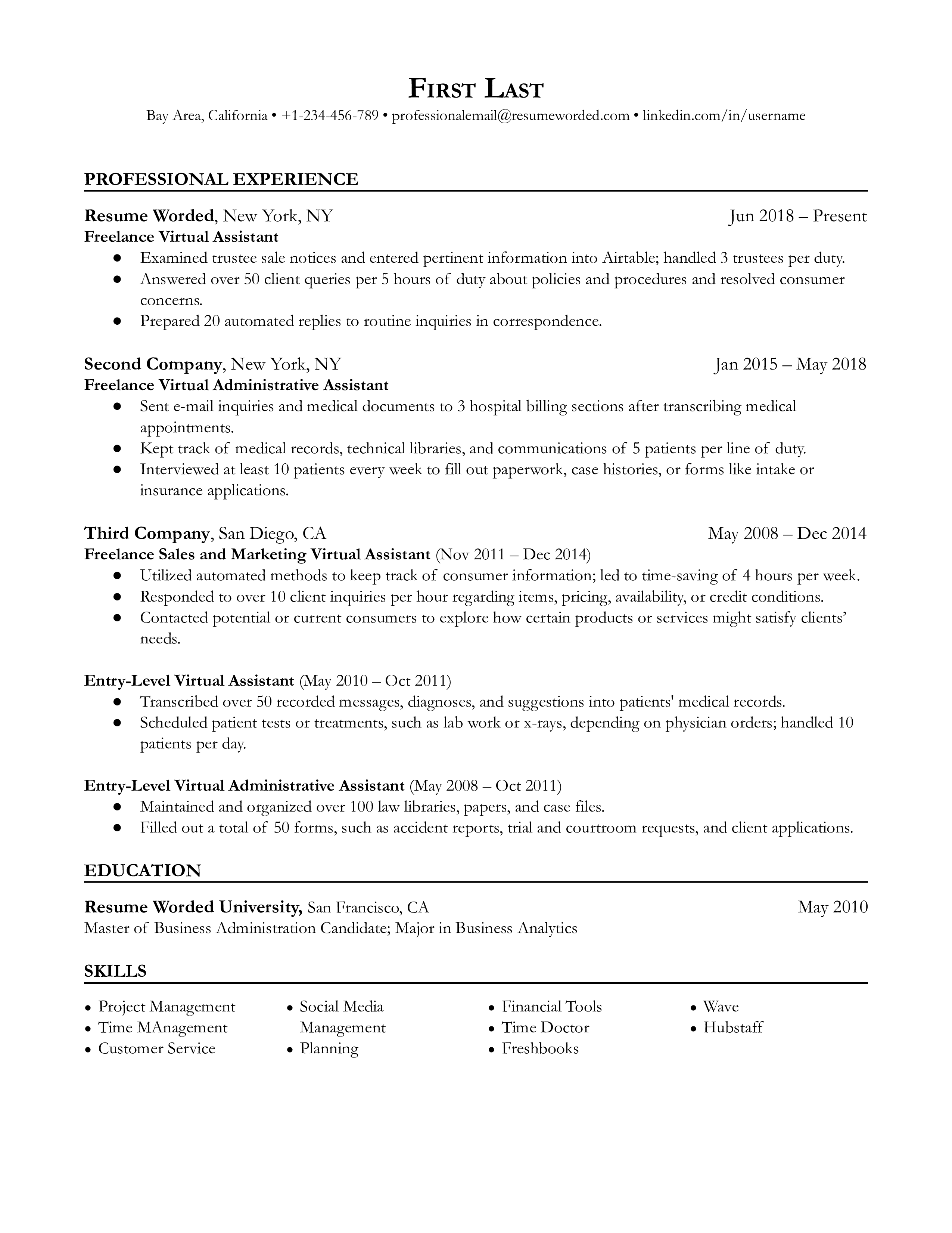 A successful freelance virtual assistant resume that highlights the applicant's  skills and tasks range.