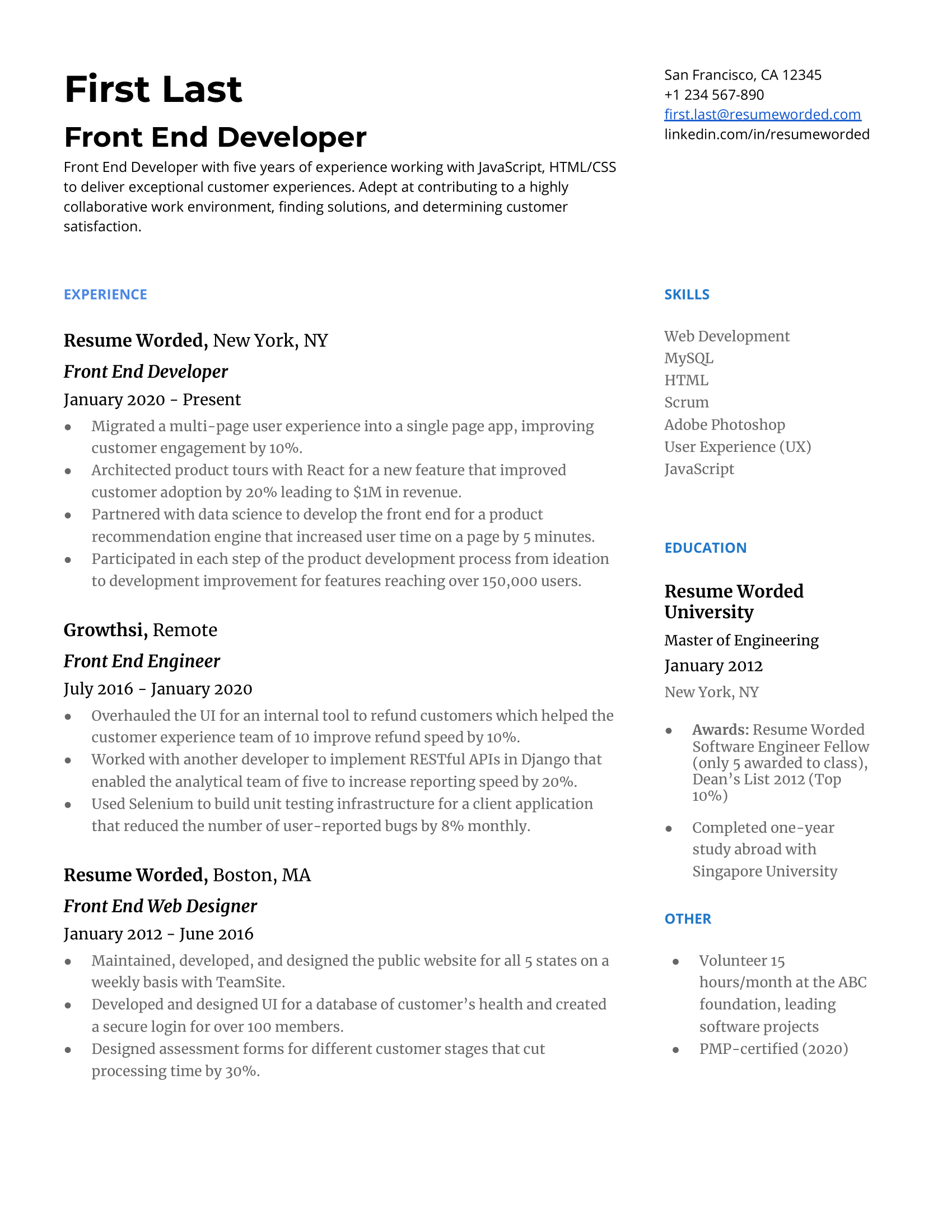 A front end developer resume template focused on technical skills.