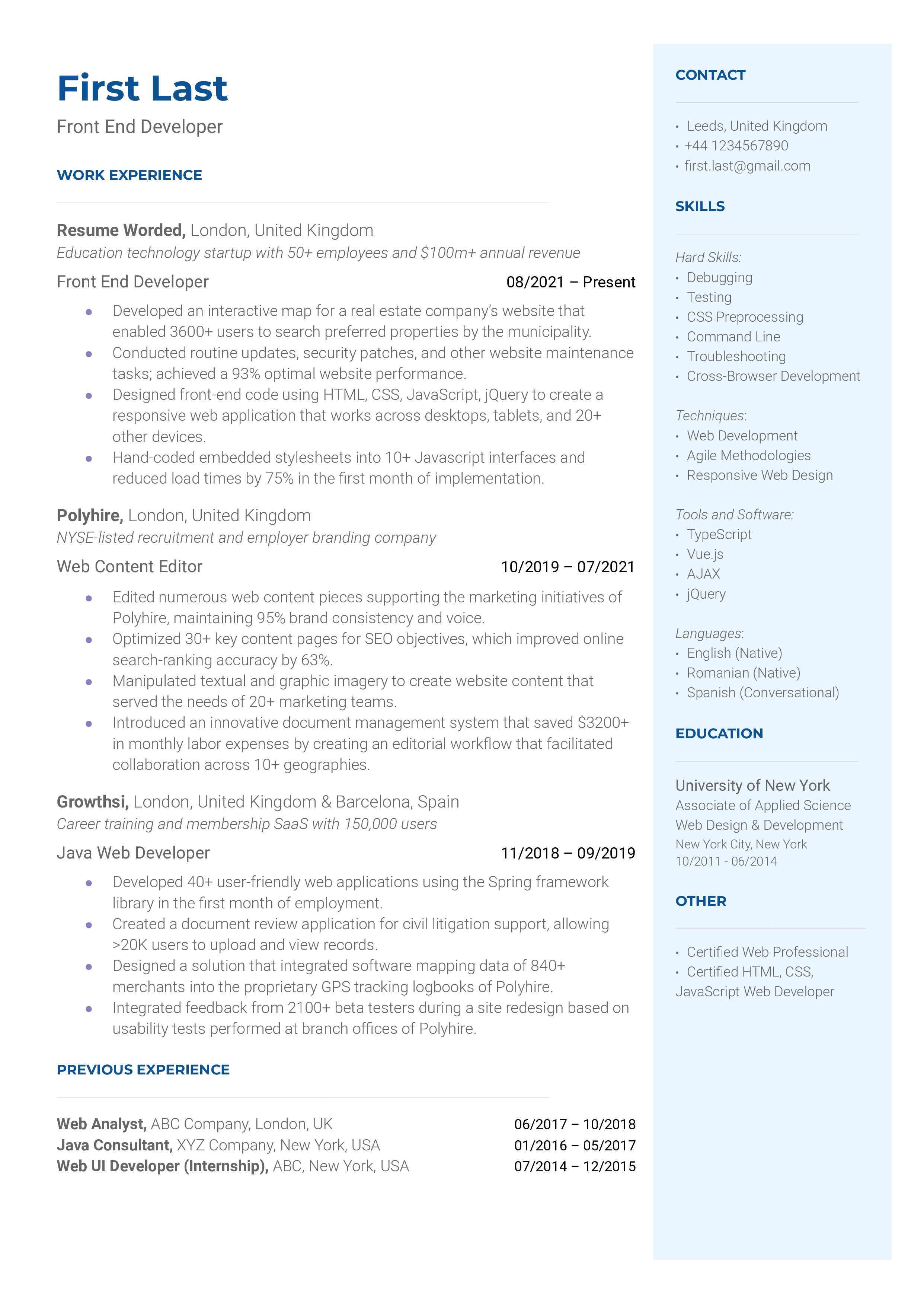 A well-structured CV showcasing the skills and accomplishments of a Front-End Developer.