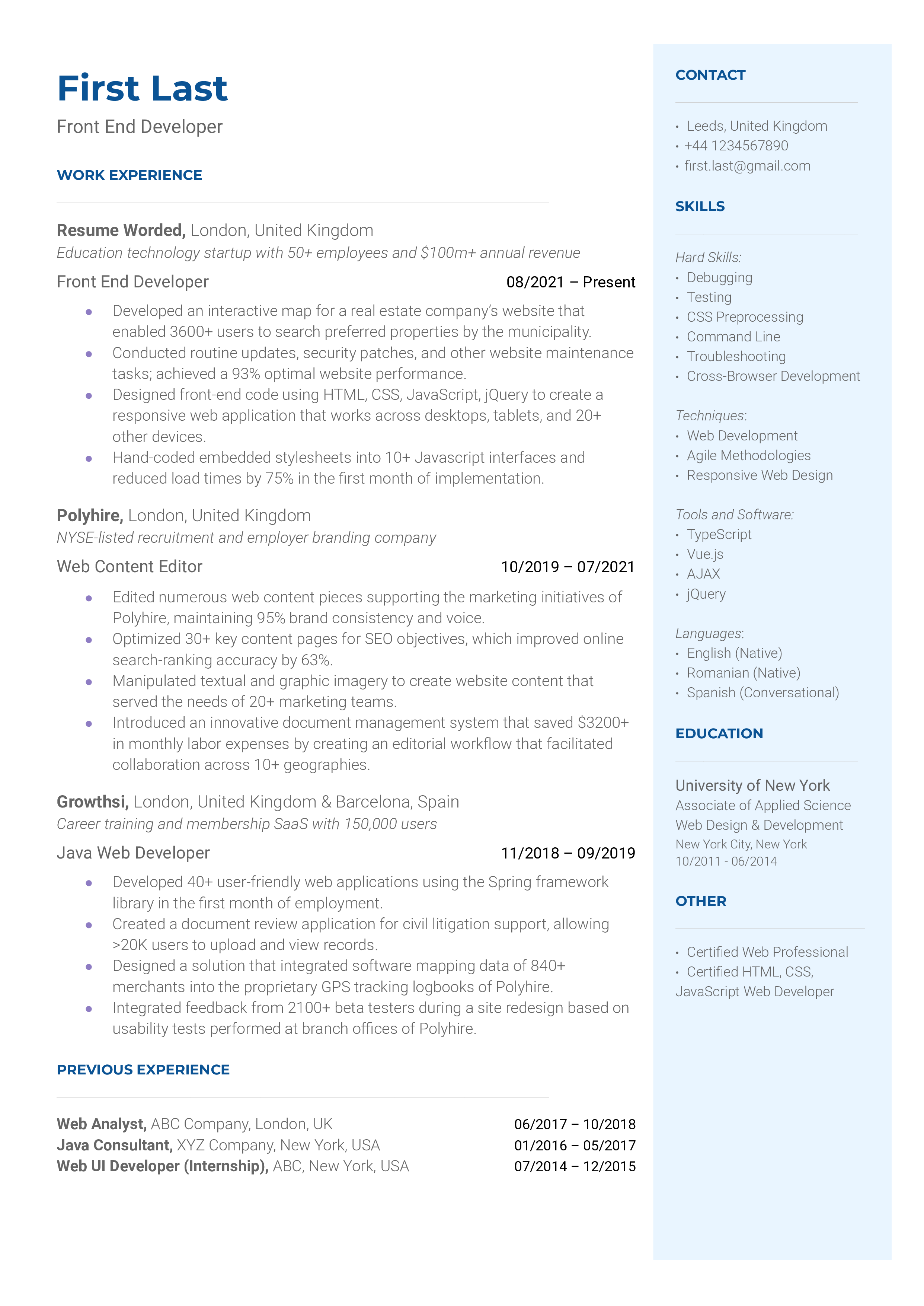 11 Front End Developer CV Examples for 2024 | Resume Worded