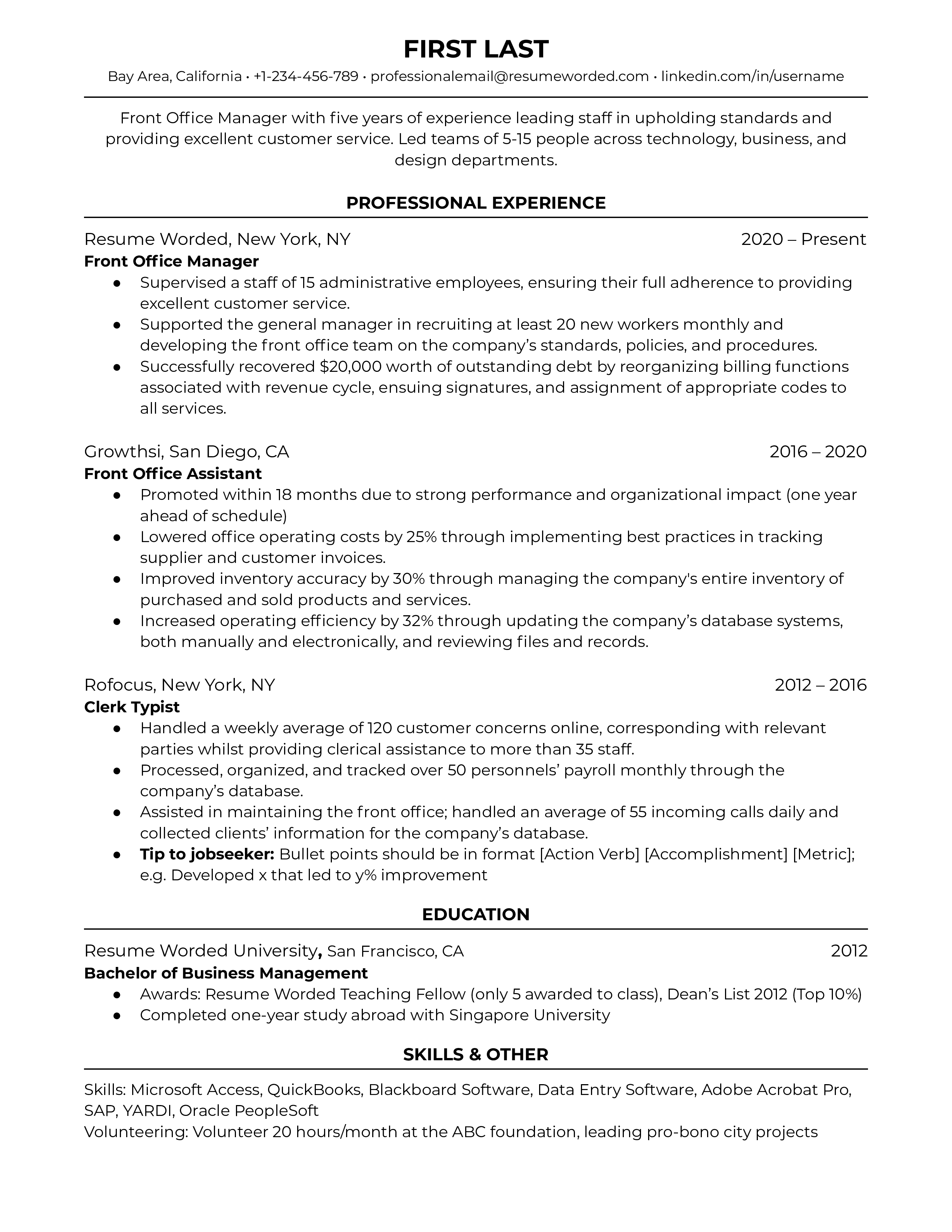 A well-structured CV for a Front Office Manager role.