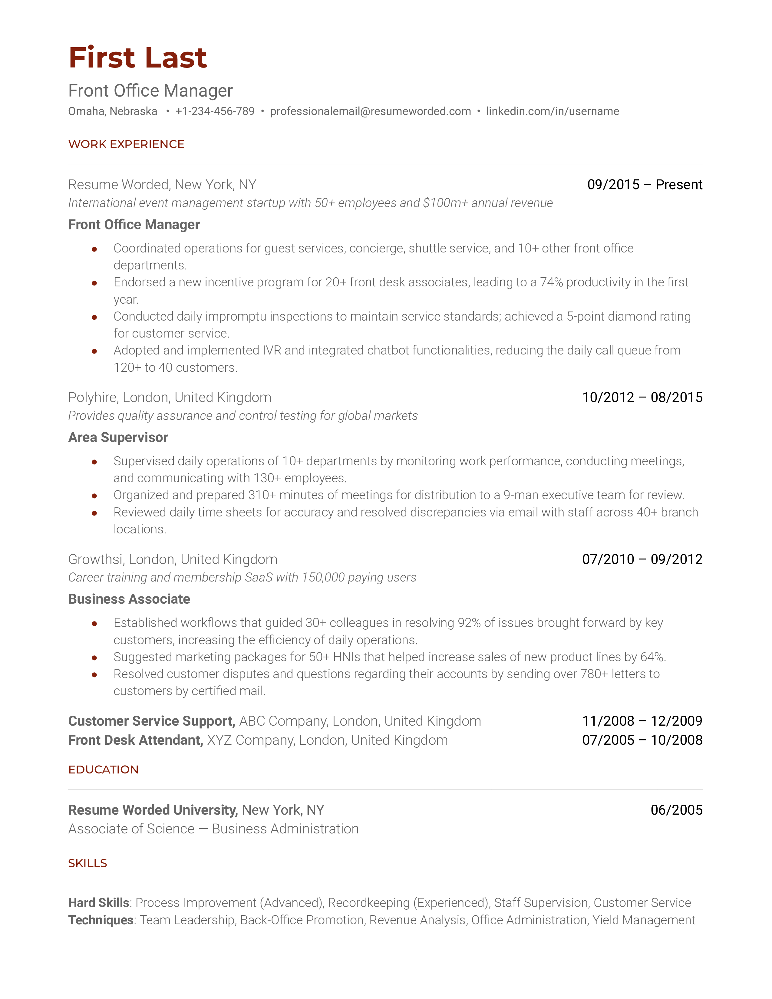 Detailed CV of a professional applying for a Front Office Manager role.