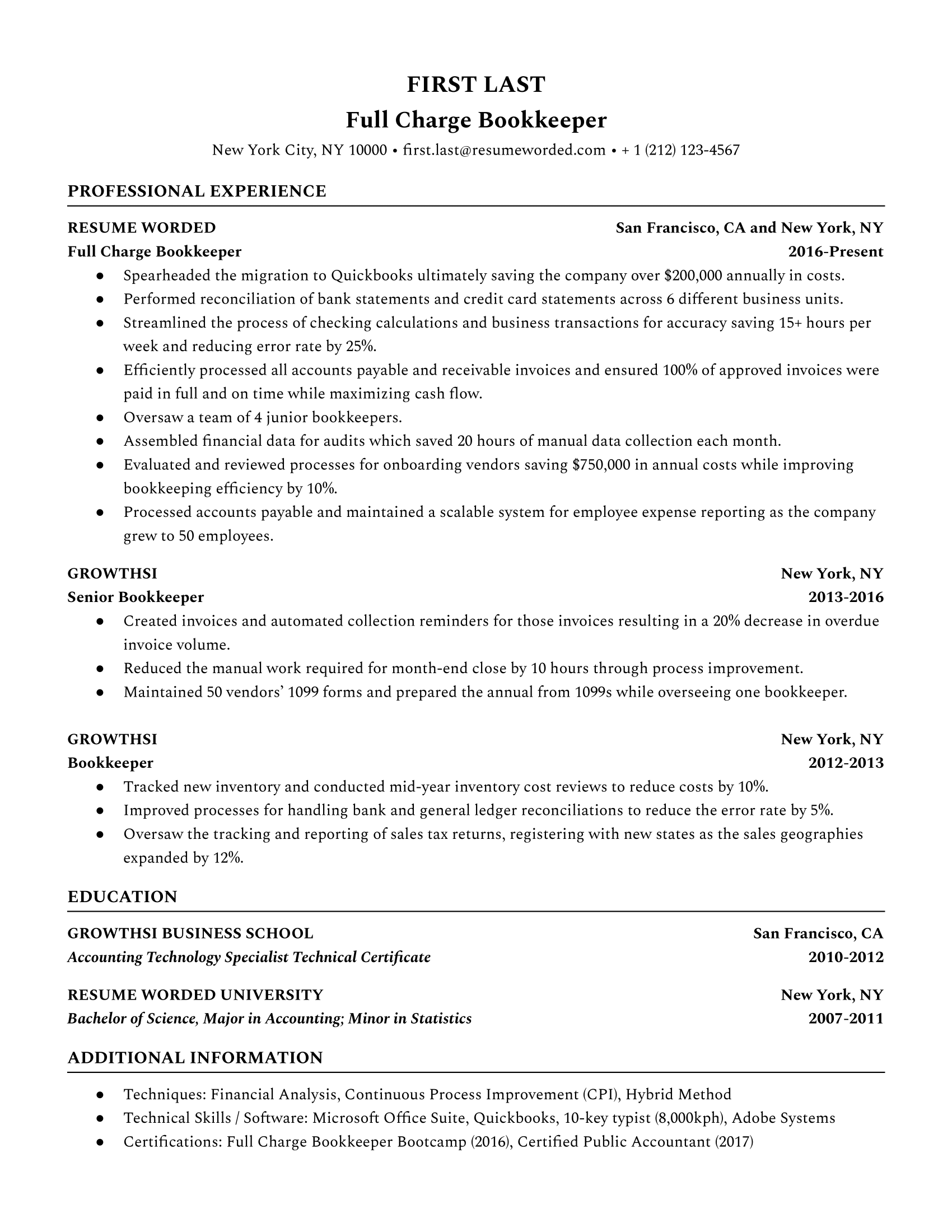 A clean and concise CV of a Full Charge Bookkeeper showcasing key skills, software proficiency, and relevant certifications.