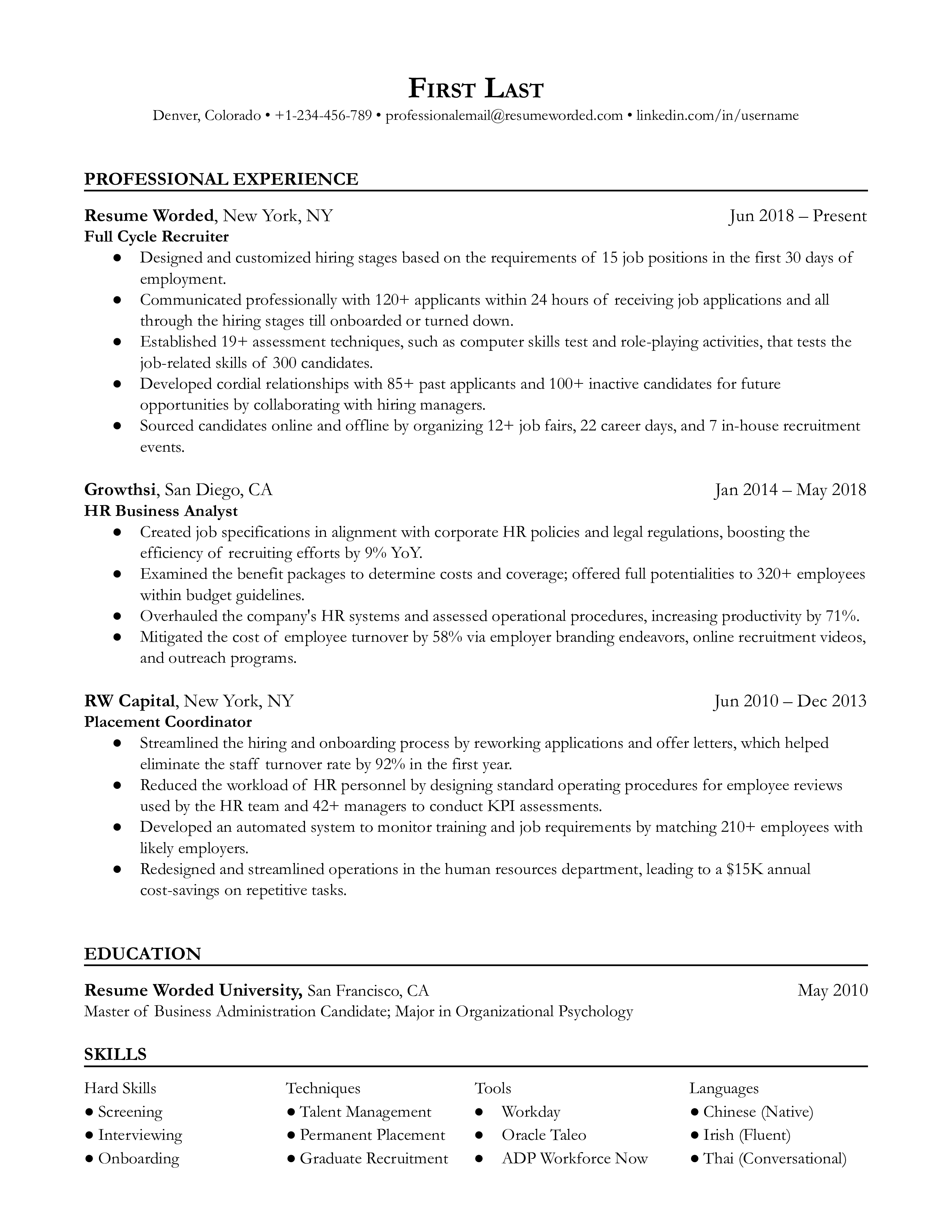 A full-cycle recruiter resume sample that highlights the applicant’s full-cycle experience and language skills.