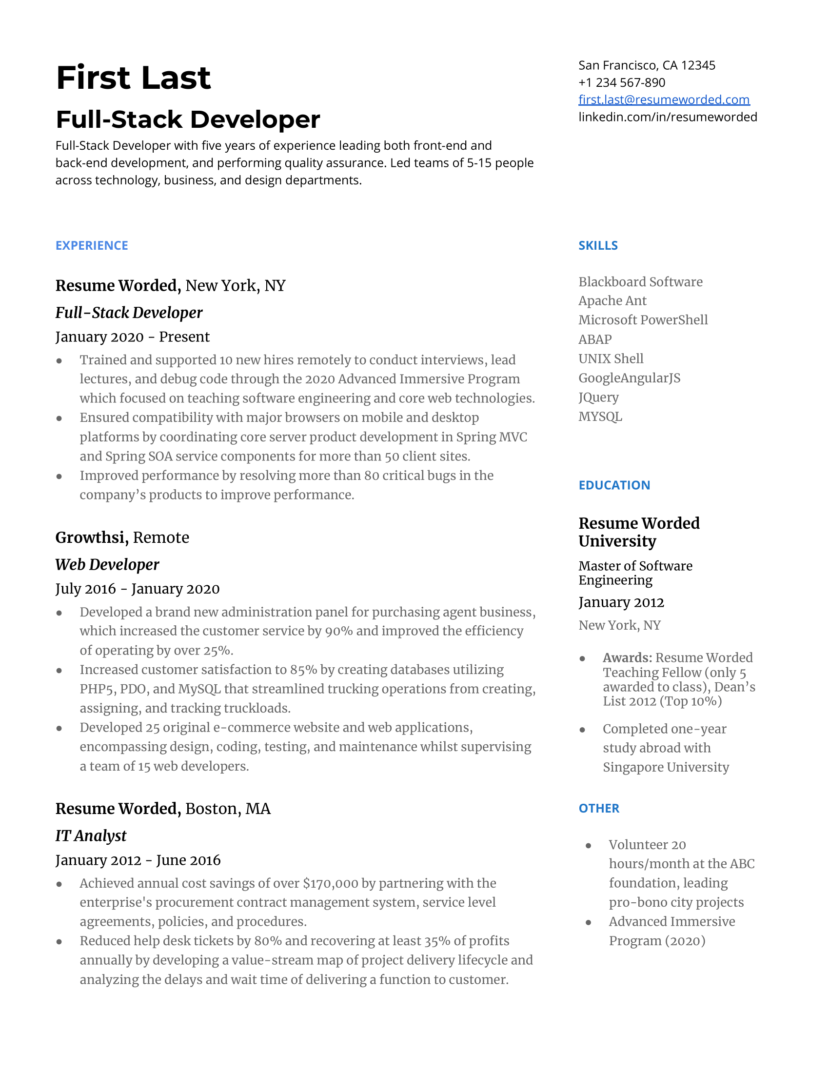 A general full stack developer resume with well-rounded experience, relevant hard skills, and education in software engineering. 