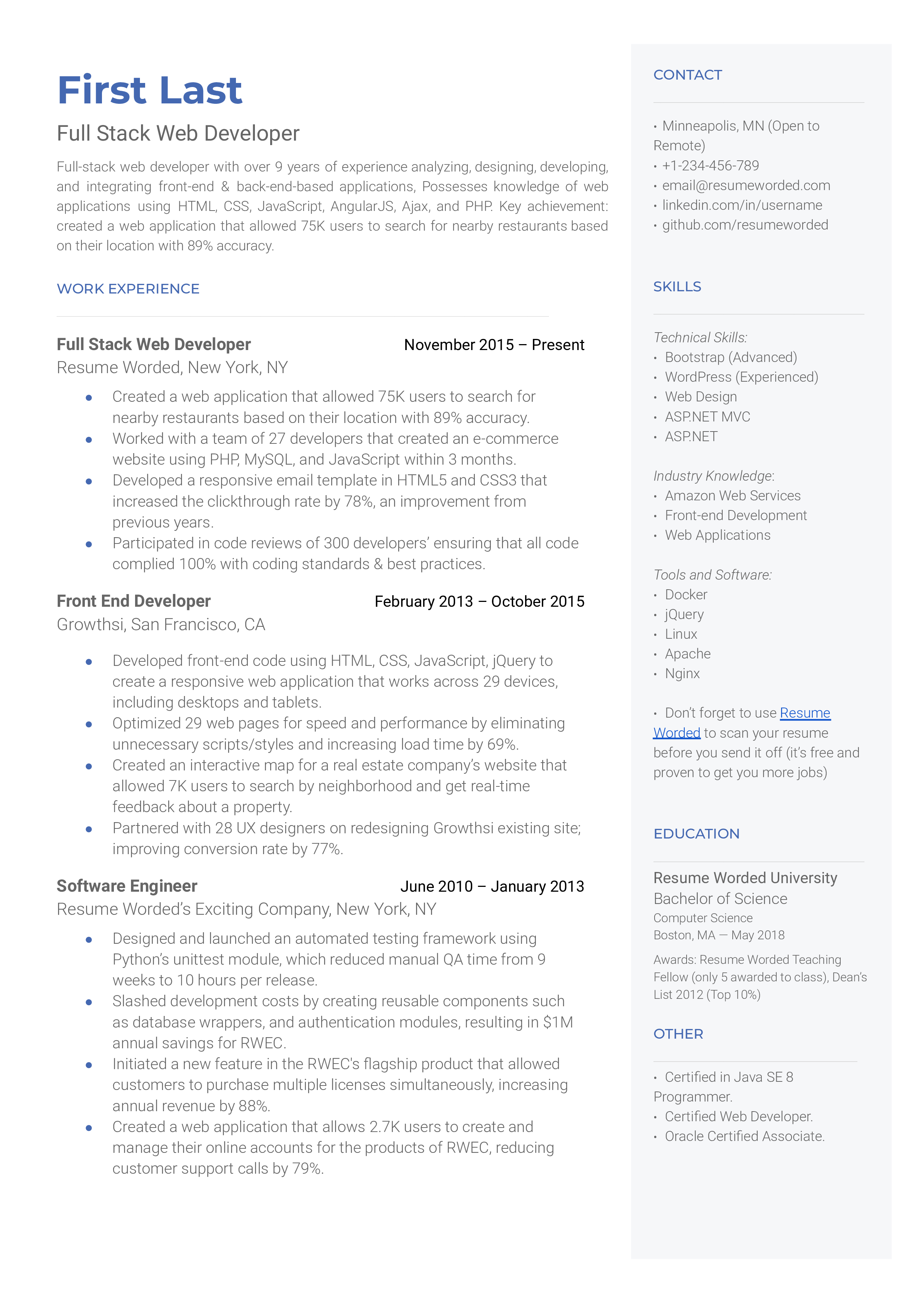 A full-stack web developer resume sample that highlights the applicant’s front-end and back-end qualifications.