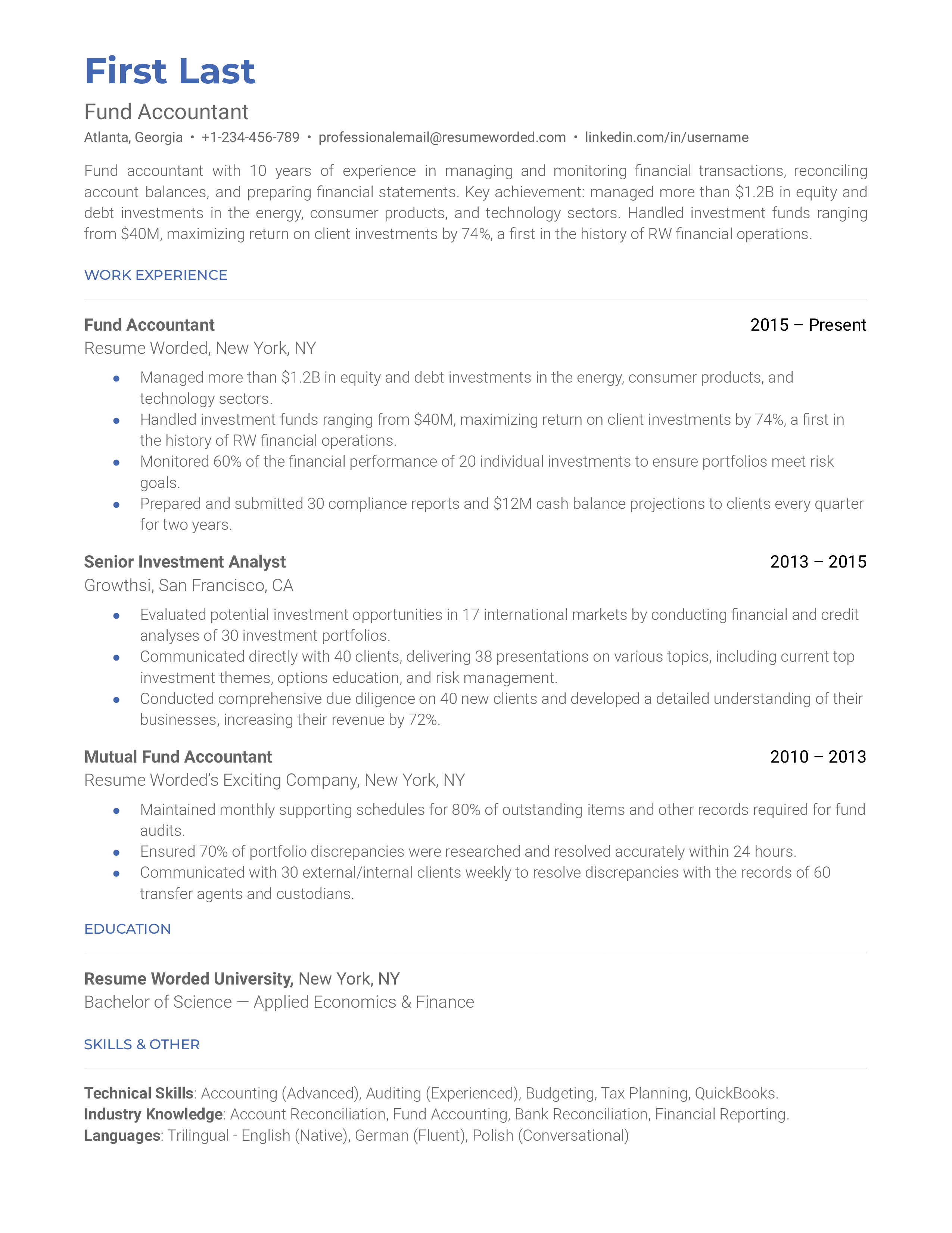 Screenshot of a Fund Accountant CV detailing investment accounting skills and regulatory understanding.