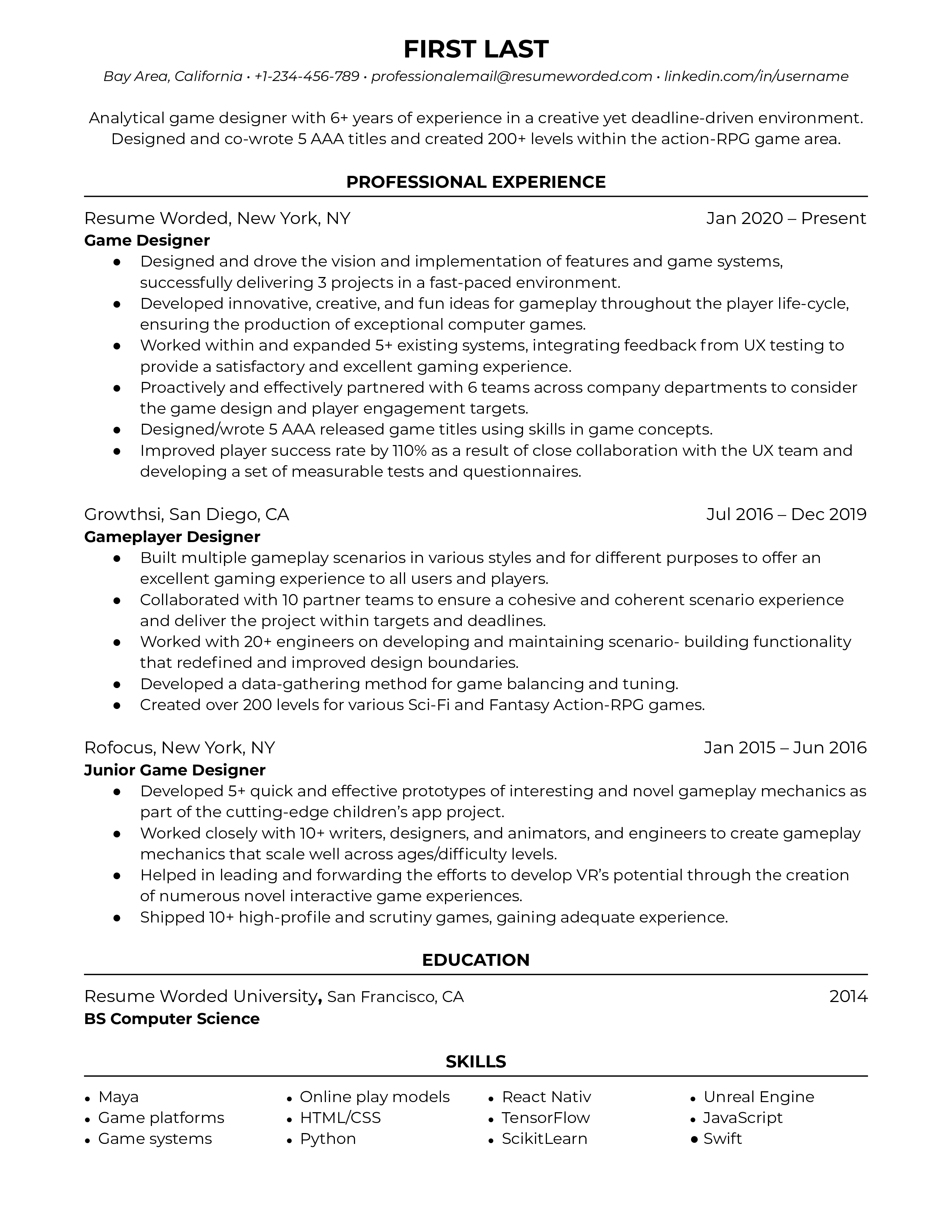 4 Game Design Resume Examples for 2021 Resume Worded Resume Worded