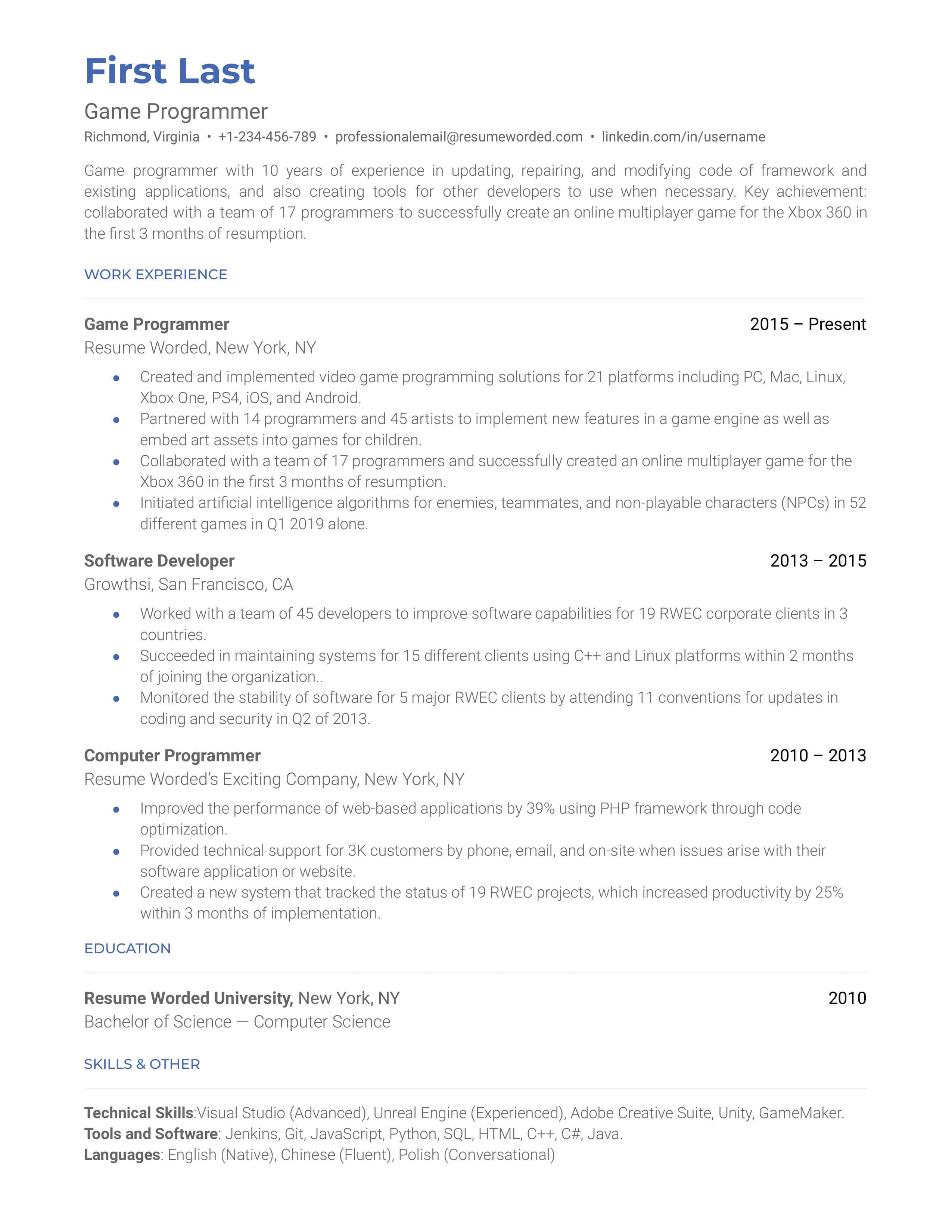 A game development resume that includes contact information and showcases relevant experience