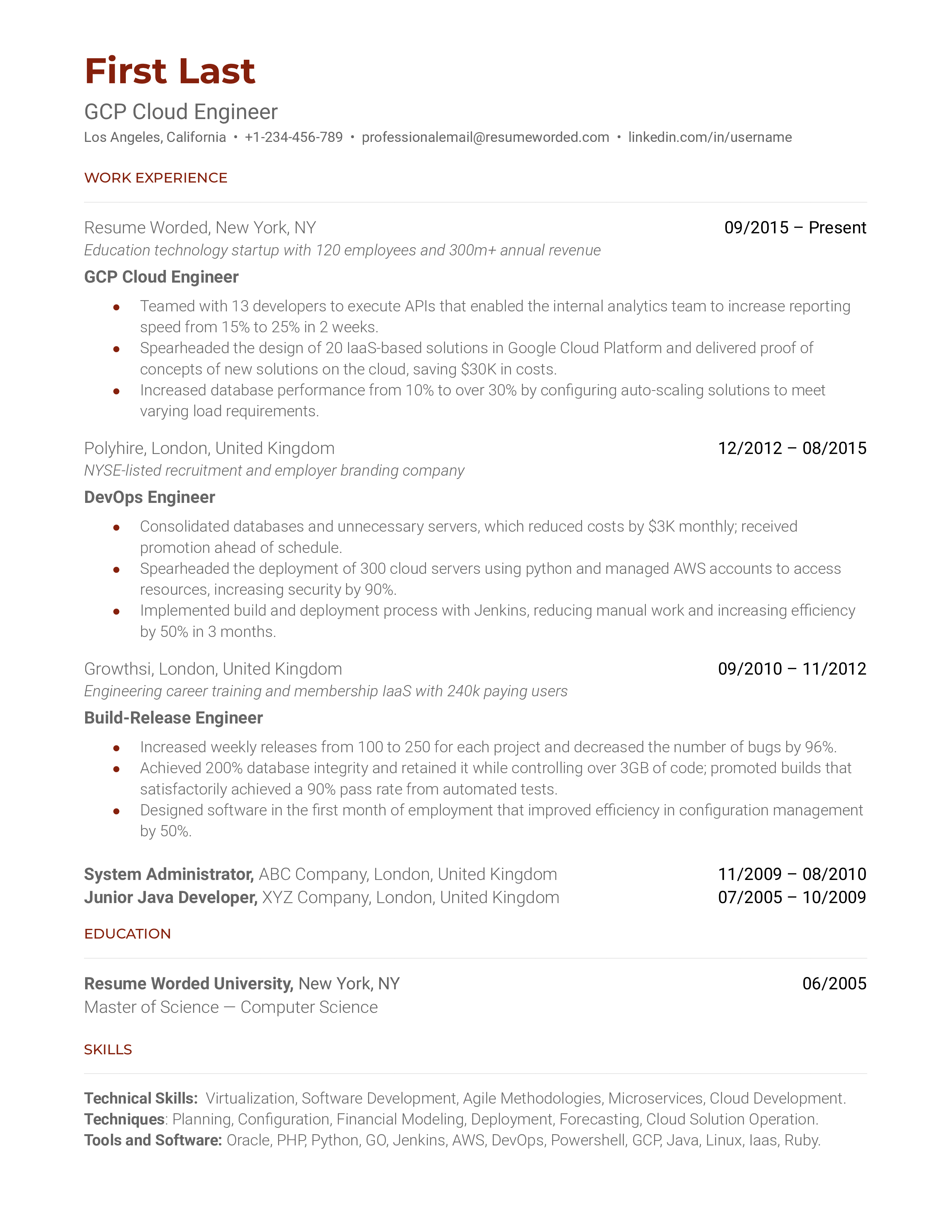 A GCP cloud engineer resume sample that highlights the candidate's GCP qualifications and experience.
