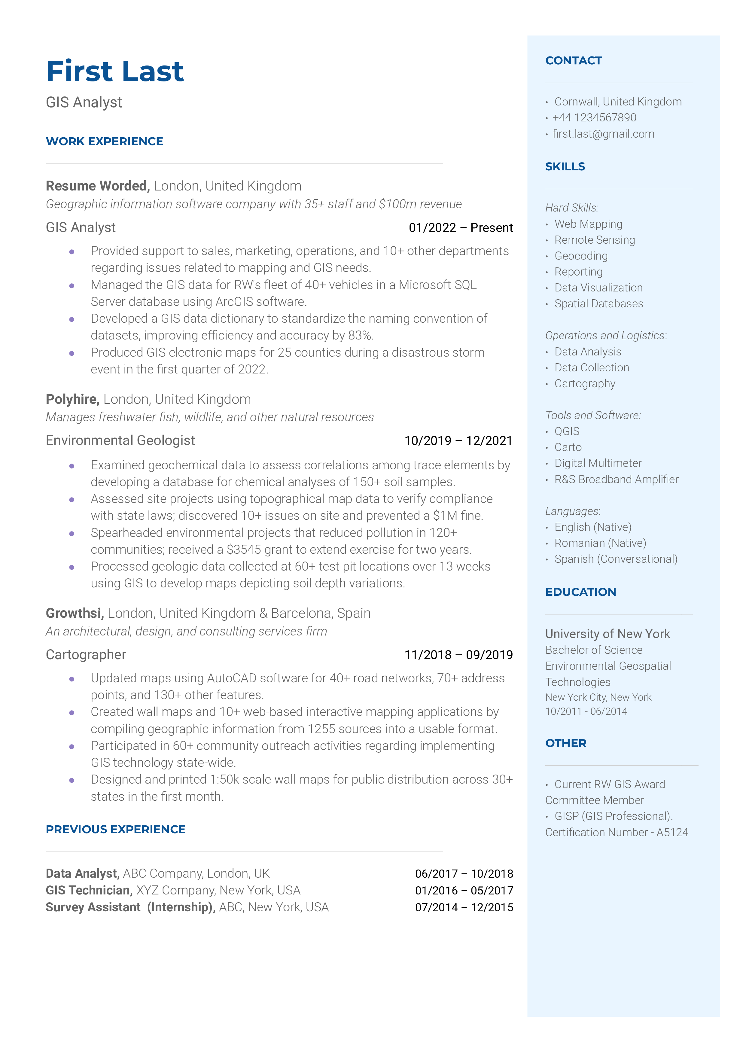 A CV for a GIS analyst showcasing AI proficiency and adaptability to new technologies.