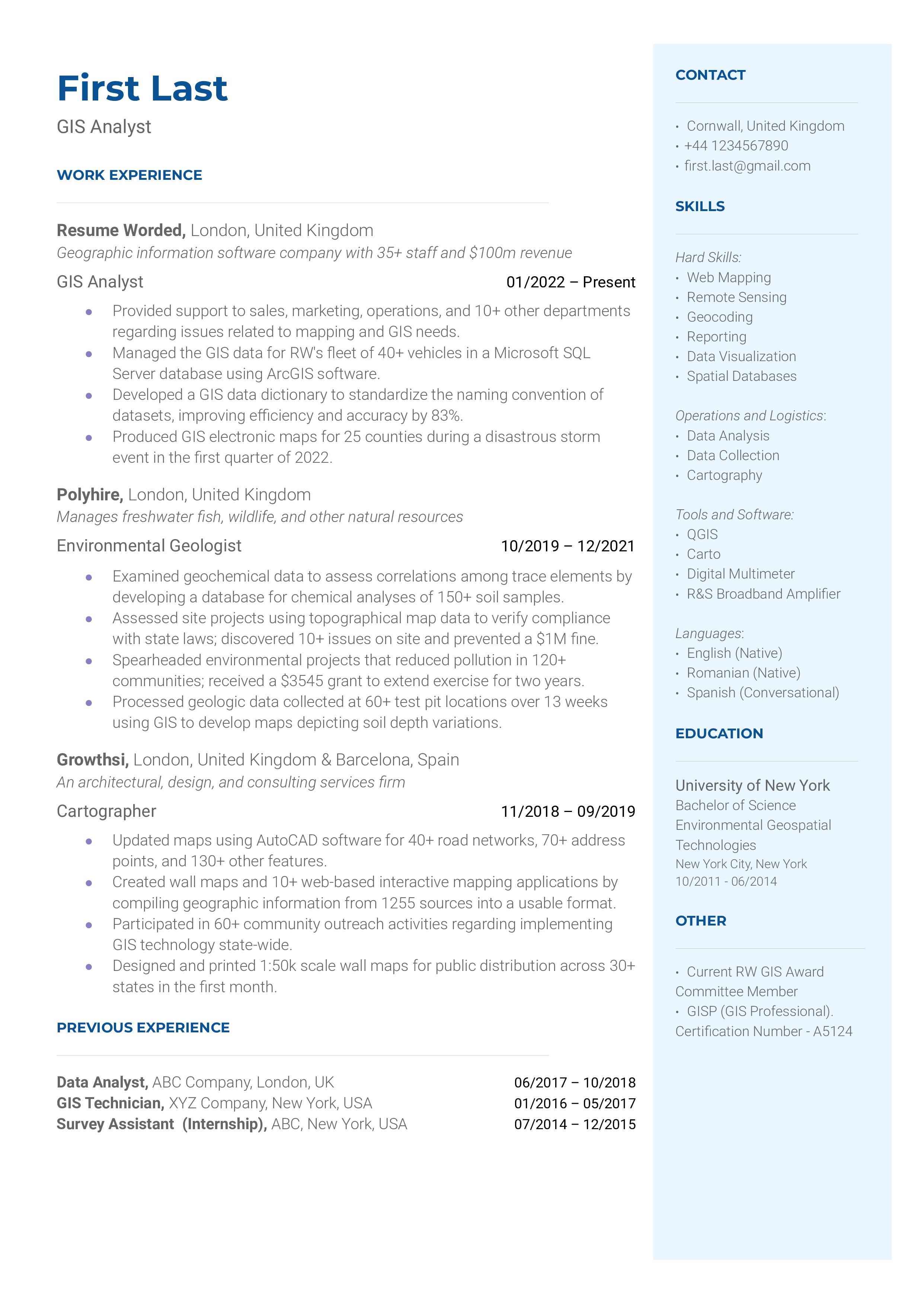 A GIS analyst resume template including operational and logistic skills.