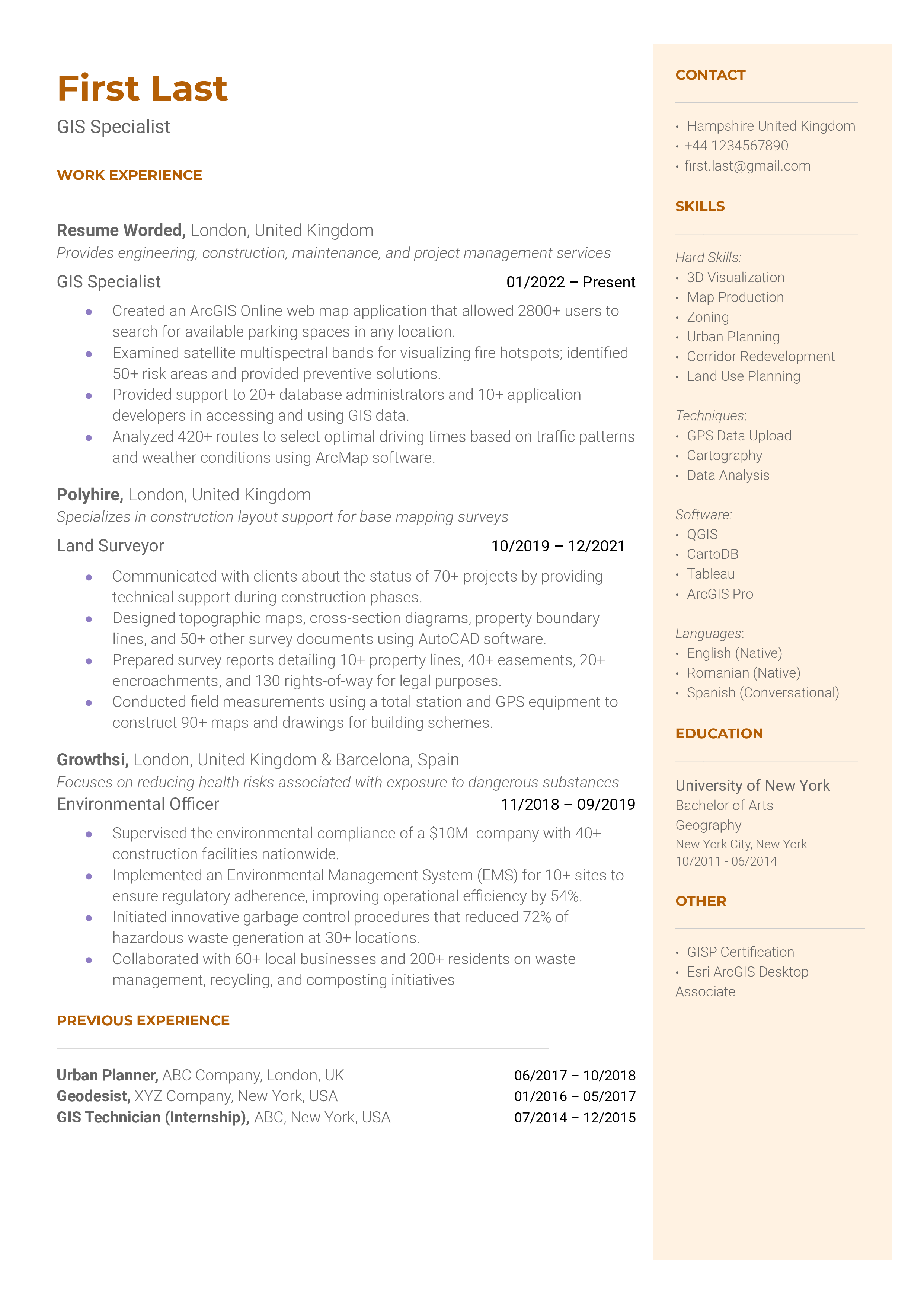 A GIS specialist resume template highlighting technical skills.
