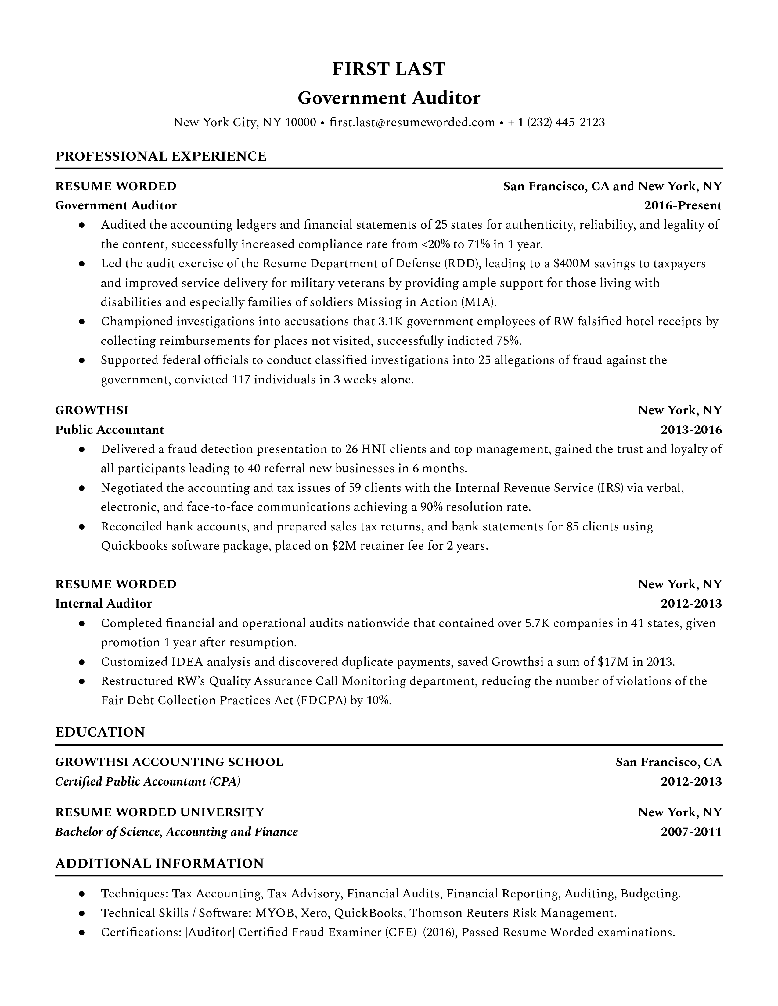 Government Auditor Resume Sample