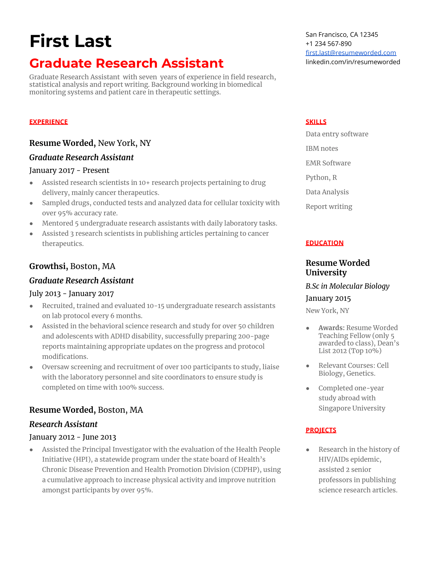 Graduate Research Assistant Resume Sample